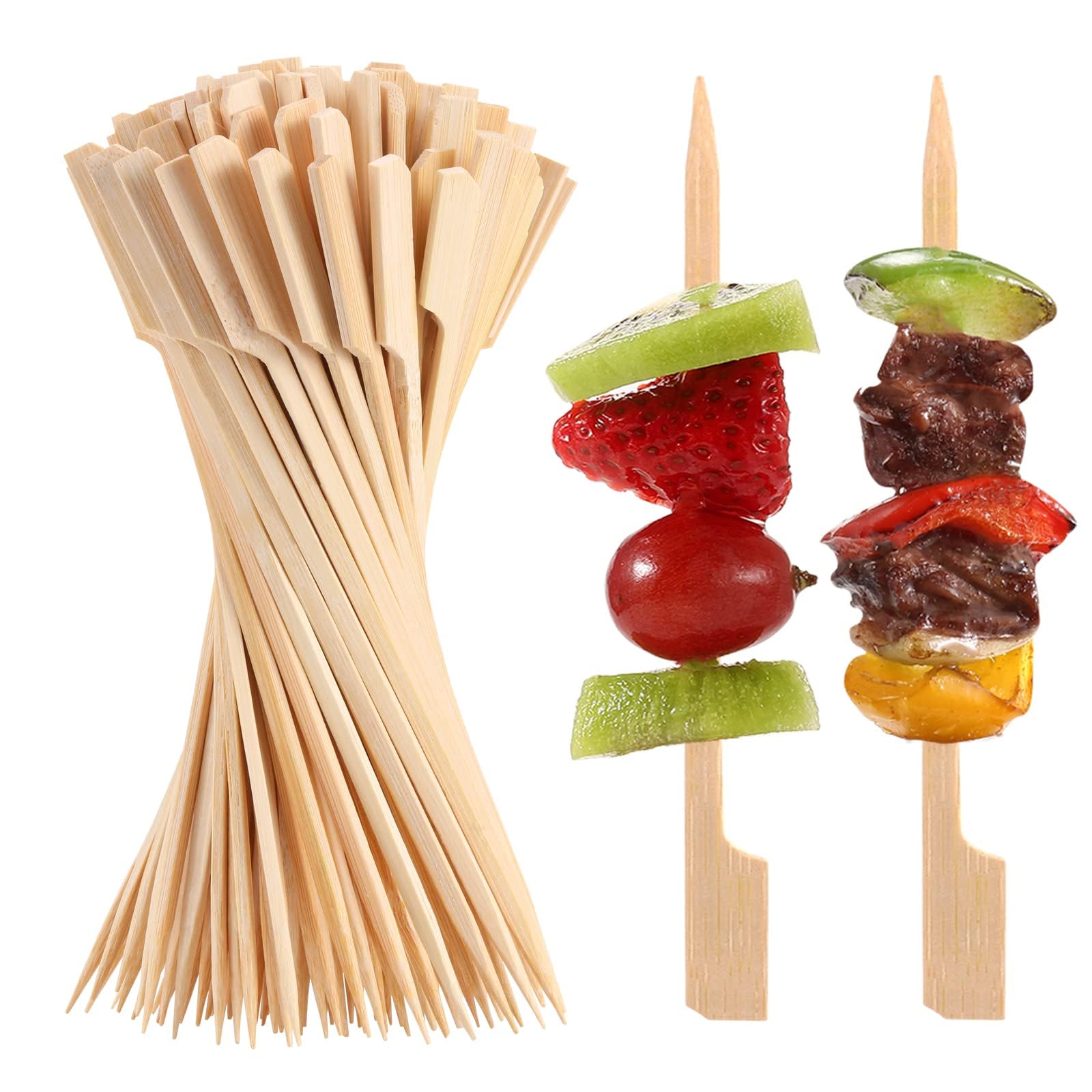 BIGTHREE Cocktail Picks, 200 Pcs Bamboo Skewers for Appetizers, Fruit Sticks, Wooden Toothpicks, Fruit Kababs, Sausage, Barbecue Snacks, Natural Wooden Paddle Skewer, Mini Food Sticks(4.7 Inch)