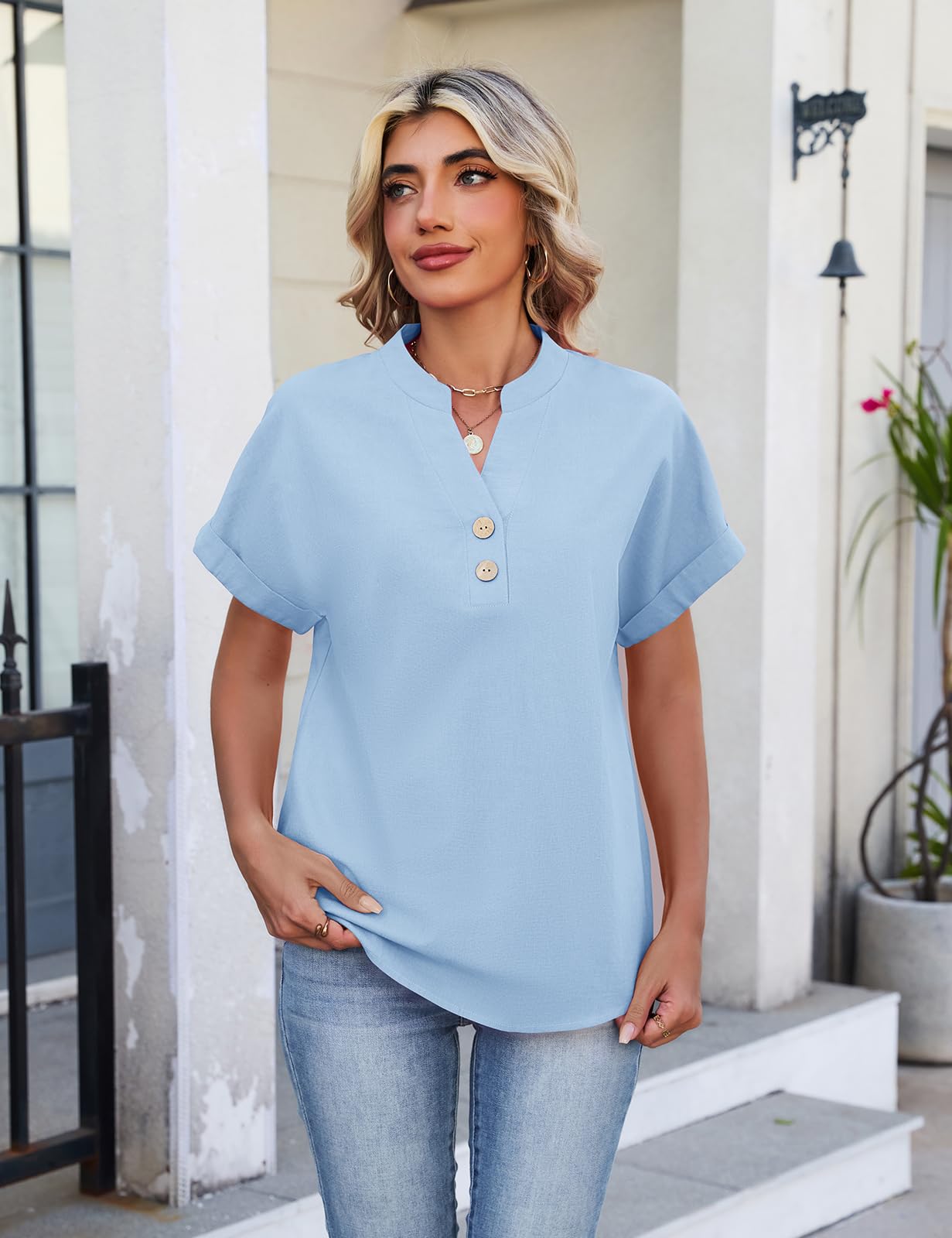 Bluzka damska muślinowa bluzka na lato, dekolt w serek, zapinana na guziki, elegancka, bawełna, len, koszula z krótkim rękawem, luźna bluzka koszulowa, basic, revers, tunika