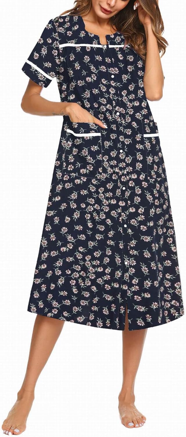 Ekouaer Womens Snap Front Dusters Cotton Housecoat Short Sleeve Nightgown House Dress With Pockets