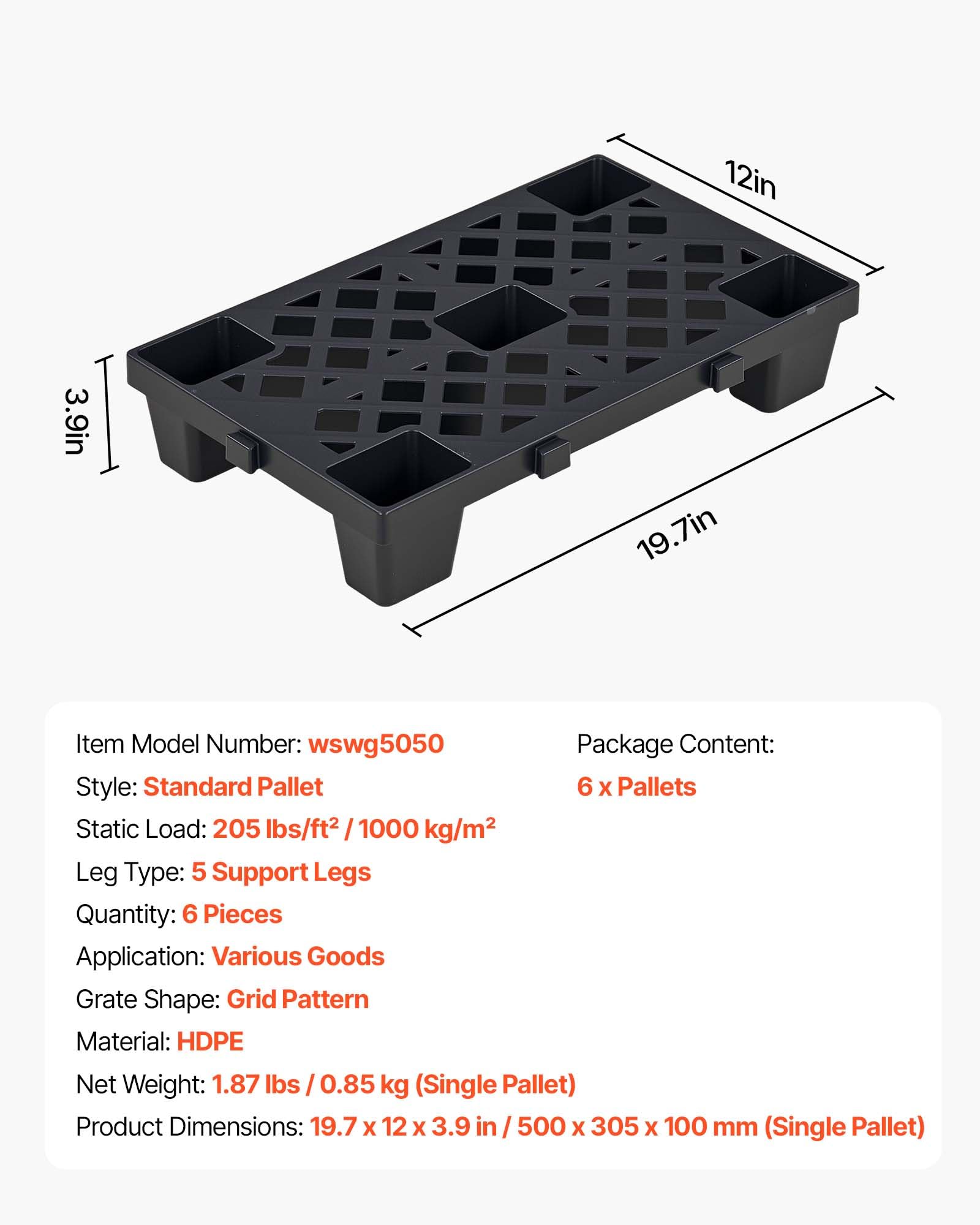VEVOR Palettes en Plastique Emboîtables Lot de 6, Palettes de Sol Empilables, avec Grille Respirante et Pieds de Support, Résistantes à l'Humidité, pour Sous-Sol Garage Entrepôt, 500x305x100 mm, Noir