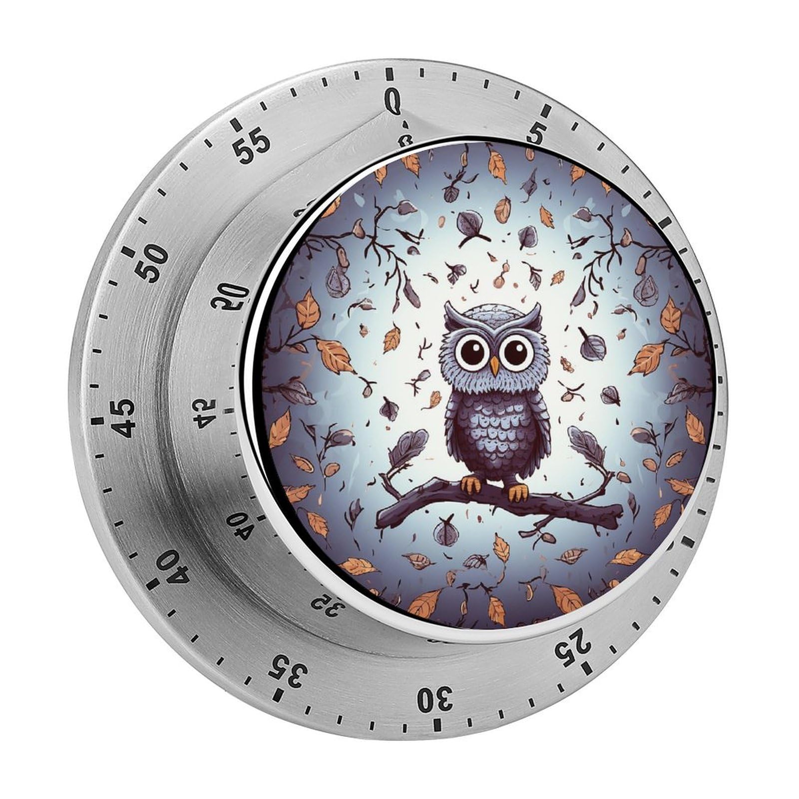 60 Minute Wind Up Timer, Visual Mechanical Timer with Loud Alarm, Owl Tree Branches Kitchen Timers for Cooking - No Batteries Required - Magnetic Backing, Exquisite Stainless Steel Body