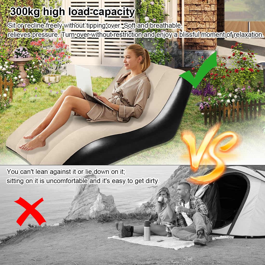 Aufblasbares Sofa, Aufblasbarer Sessel, Luftsofa, Campingsofa, Tragbare Flocking Aufblasbare Couch mit Beflockter Oberfläche für Outdoor Camping Strand Wohnzimmer (Khaki-A)