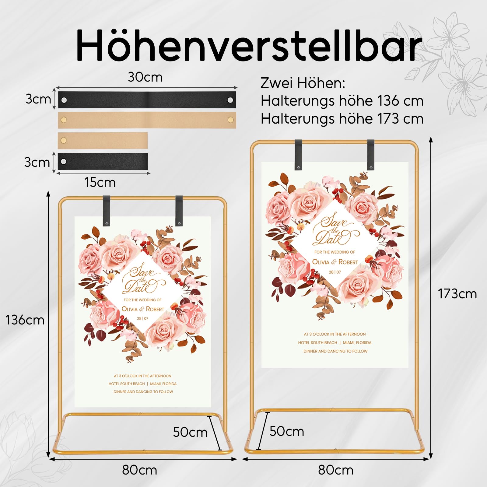 Hochzeitsschild-Halter, 173x80x50cm, Hochzeits-Willkommensschild mit 4 Lederriemen, Hochzeitsständer geeignet für Hochzeitsschilder, Posters, Sitzplan, Reception and Decor (Gold)