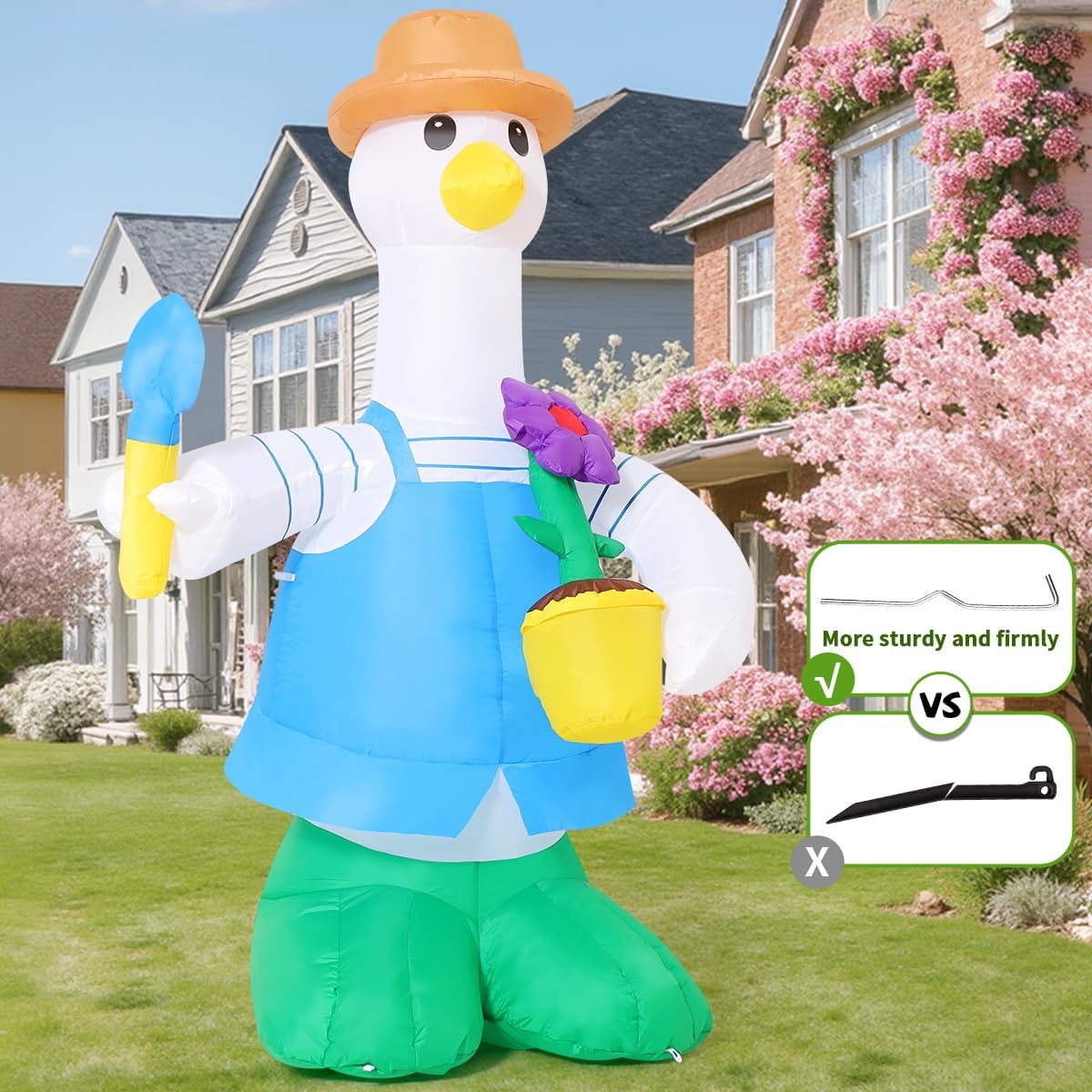 COMIN 5FT Tall Spring Inflatable Outdoor Decoration Goose Hold the Flower Blow Up Yard with Built-in LEDs for Indoor Party Garden Lawn Decor