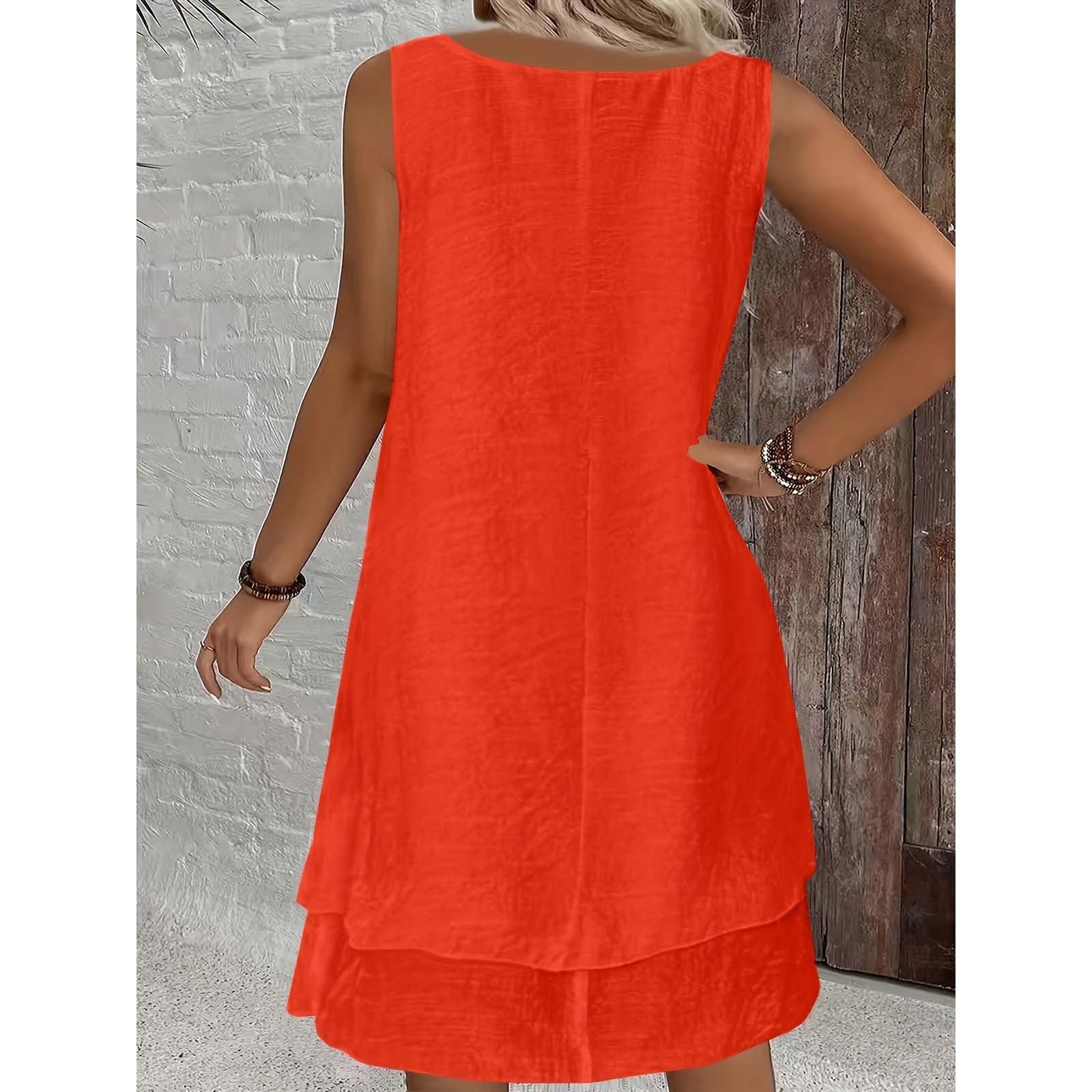 Generico Robe d'été pour femme - Robe d'été courte et sans manches - Robe à volants superposés - Col en U - Couleur unie - En coton et lin - Modèle léger - Robe décontractée de plage
