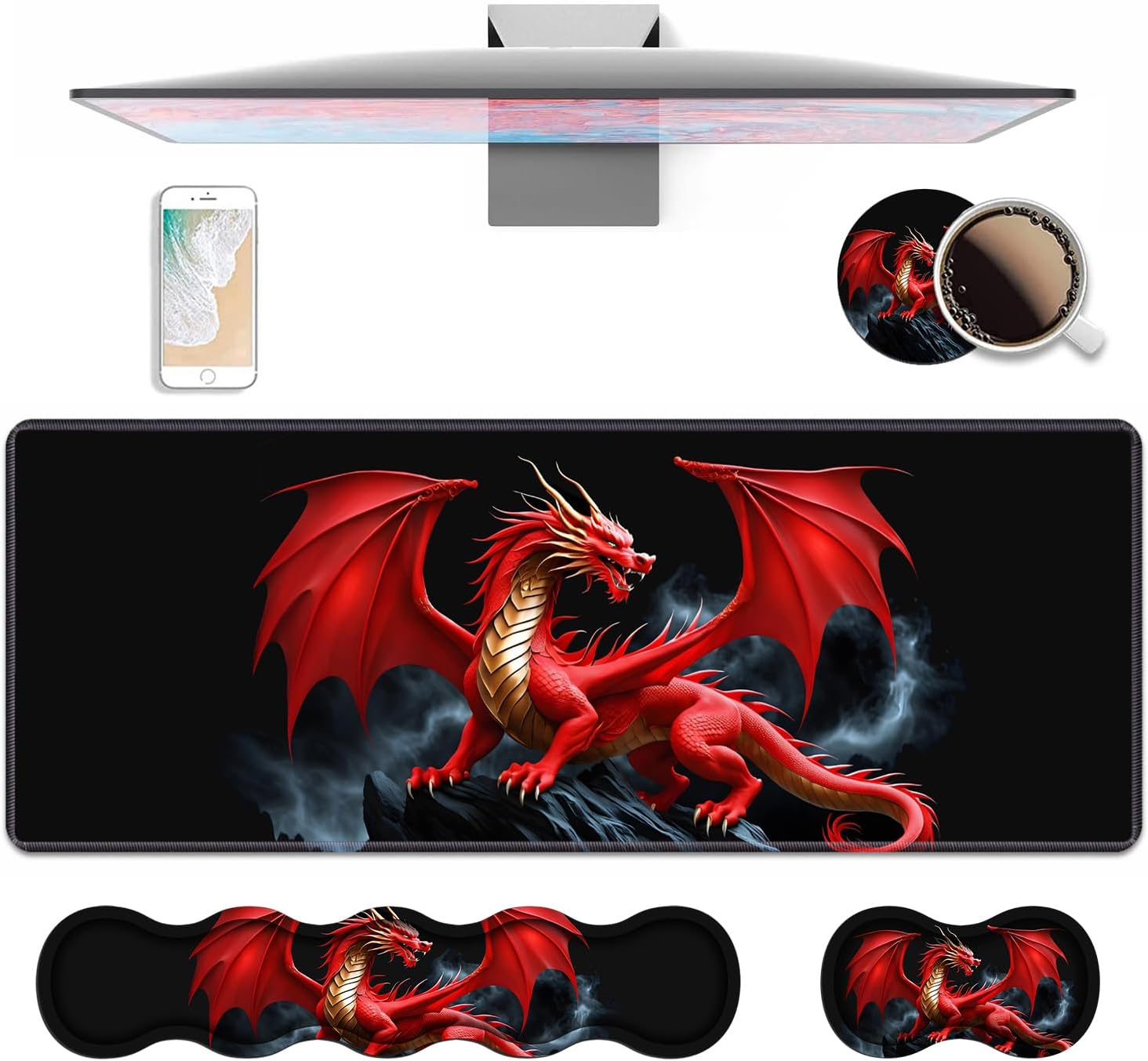 4 in 1 Ergonomic Keyboard Wrist Rest & Mouse Pad Wrist Rest Set, Large XXL Gaming Desk Mat 31.5"x 11.8" with Non-Slip Base, Memory Foam for Home Office Study Gaming, Red Dragon