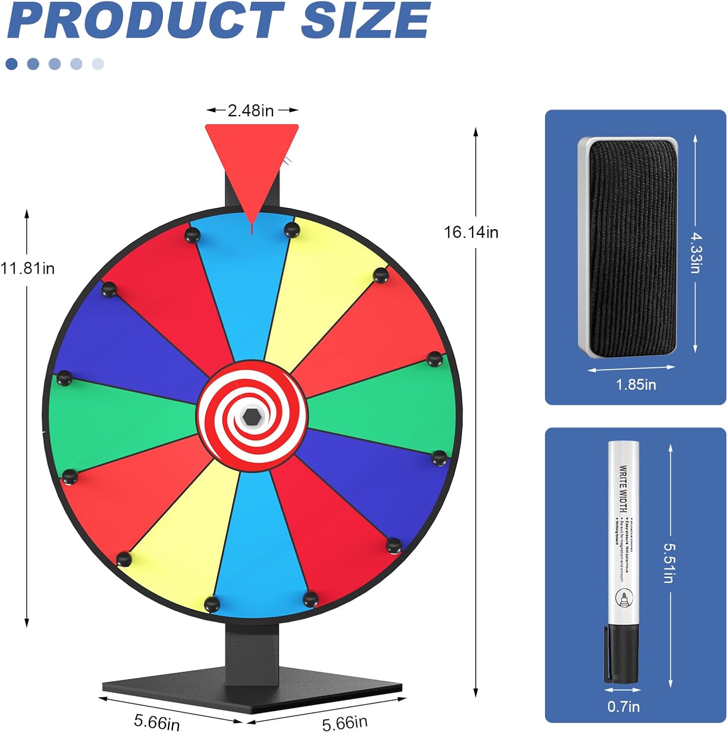 12 inch prize wheel, 12 slots color spinning wheel with diamond base, heavy duty tabletop spinner wheel includes dry erase marker & eraser for parties, rewards & classroom activities