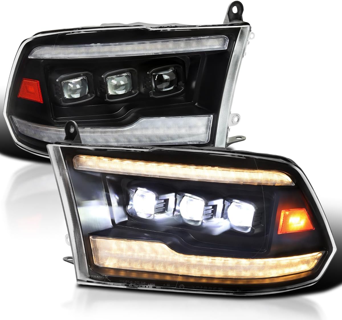 SPEC-D TUNING Full LED Black Switchback Projector Headlights w/Amber Sequential Turn Signal & Startup Animation Compatible with 2009-2018 RAM 1500/2500/3500, Left + Right Pair Headlamps Assembly