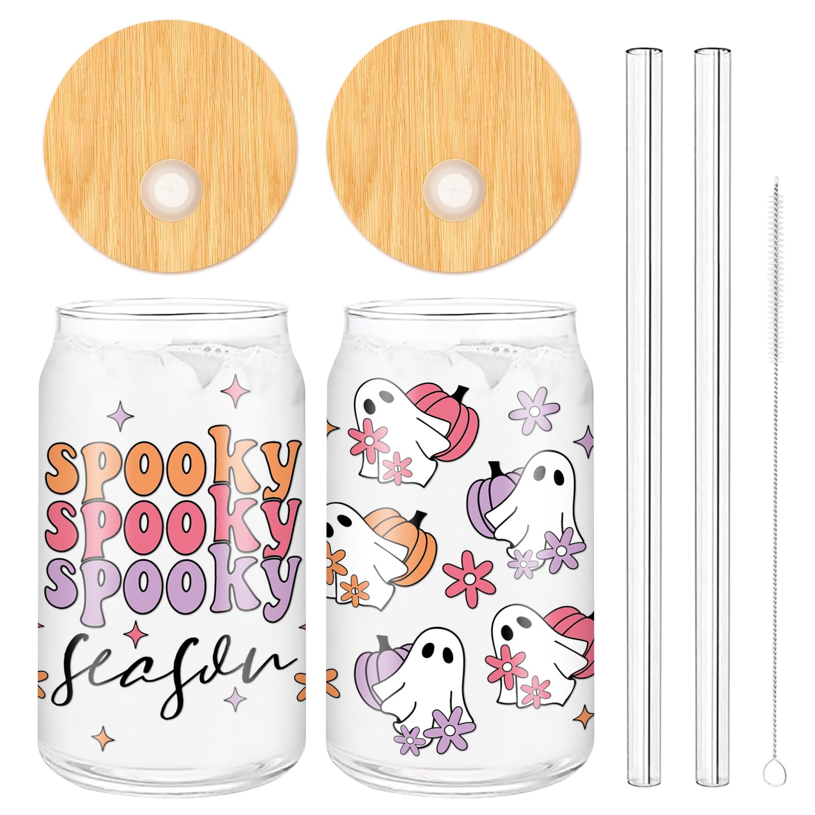 Verres à boire d'Halloween en verre de 473 ml avec couvercle et paille réutilisable