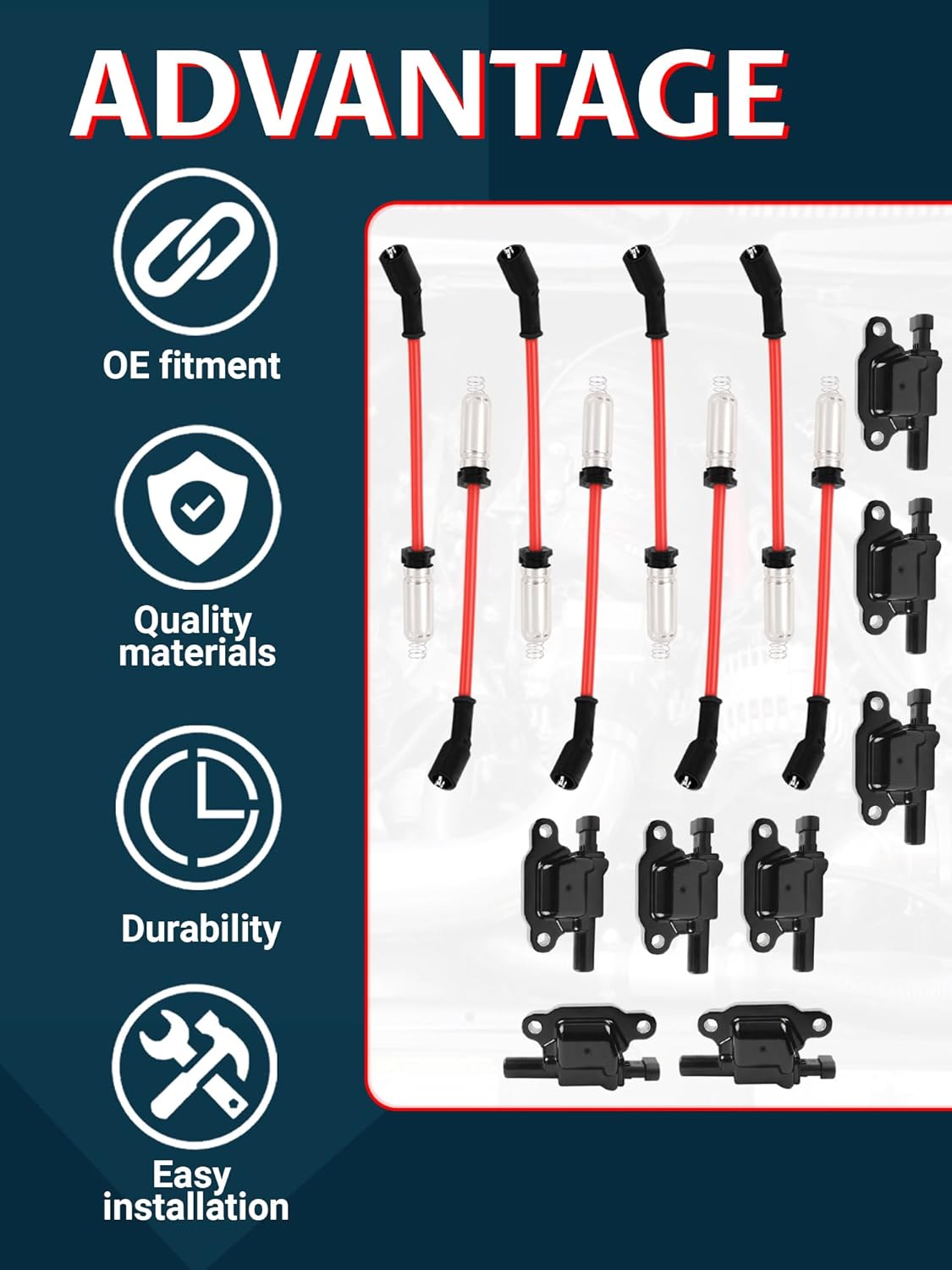 UF413 Ignition Coil with 8mm 48322R Spark Plug Wires 748UU Compatible with Canyon Tahoe Lacrosse Escalade Express Savana Silverado SSR Yukon CTS 4.8L 5.3L 6.0L 6.2L
