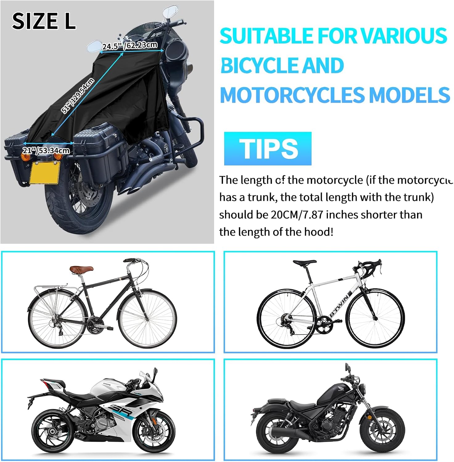 GARGOYLE BELLS Motorcycle Cover Seat Shade Cover Bike Covers Lightweight Half Covers Outdoor Sun Protection All Season Fits Various Motorcycle Models - Black, L