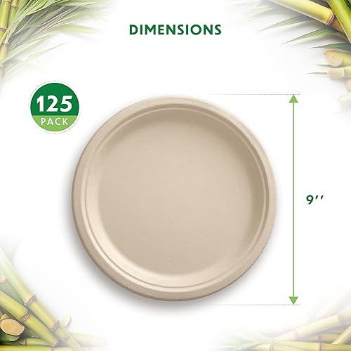 Miniatura 3 de Platos compostables, platos desechables de papel resistentes, 9 pulgadas, sin blanquear biodegradables, hechos de bagazo natural de caña de azúcar,