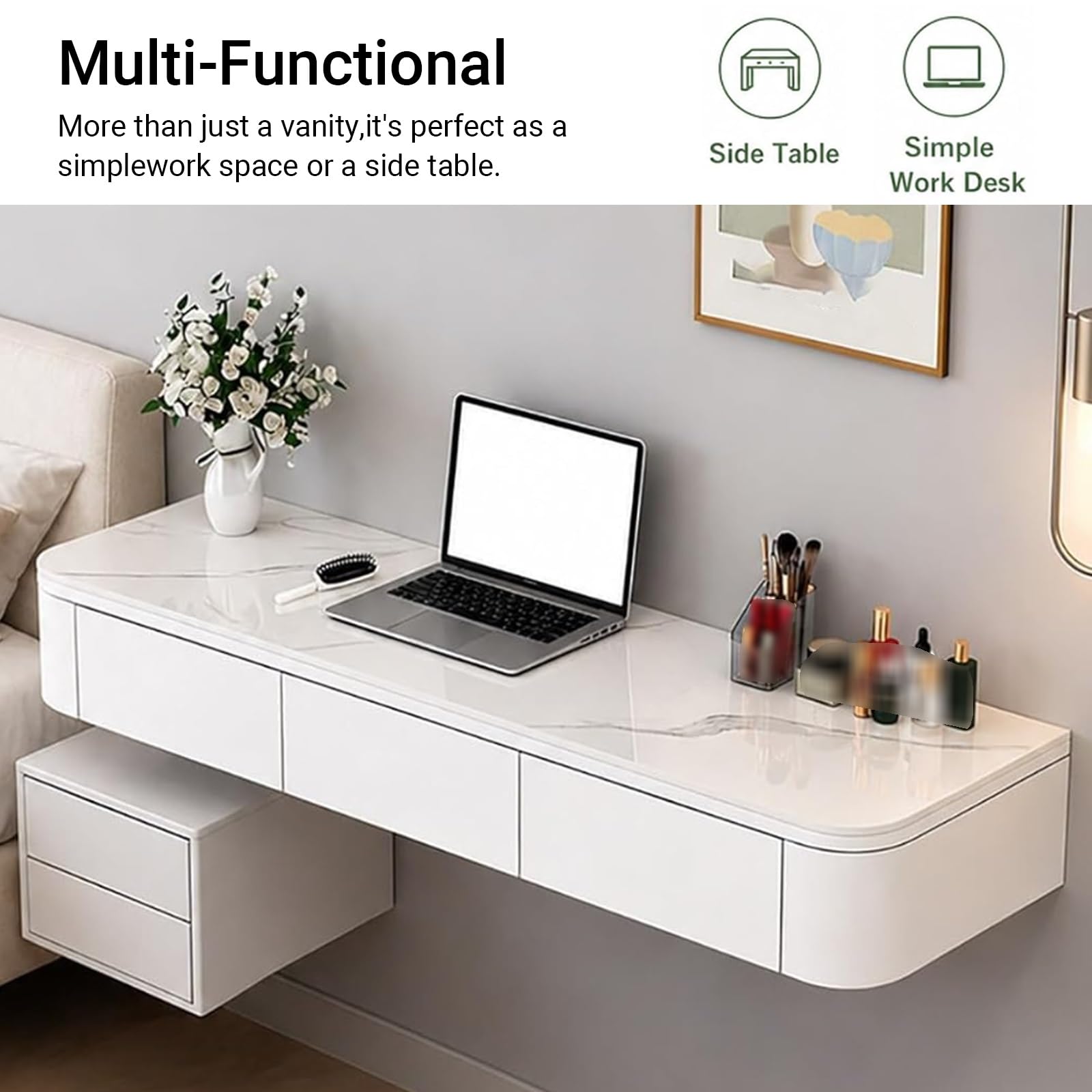 Schminktisch Vani aus Massivholz, komplett montiert, Wandmontage, multifunktional, Eckschreibtisch für Schlafzimmer, 100 cm, Schwarz