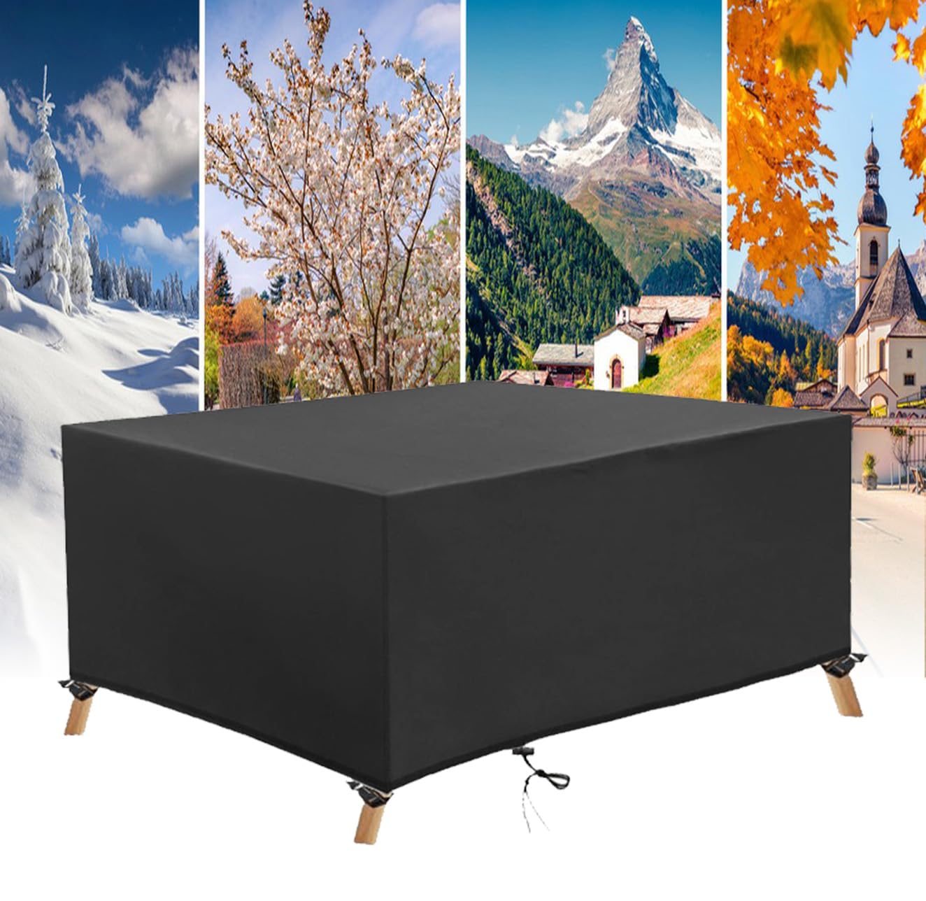 UFGFYTT Waterproof Patio Furniture Covers, 90x90x40cm/LxWxH, 420D Oxford Outdoor Table & Sofa Cover Rectangular, All-Weather Garden Protector with Windproof Straps, Black