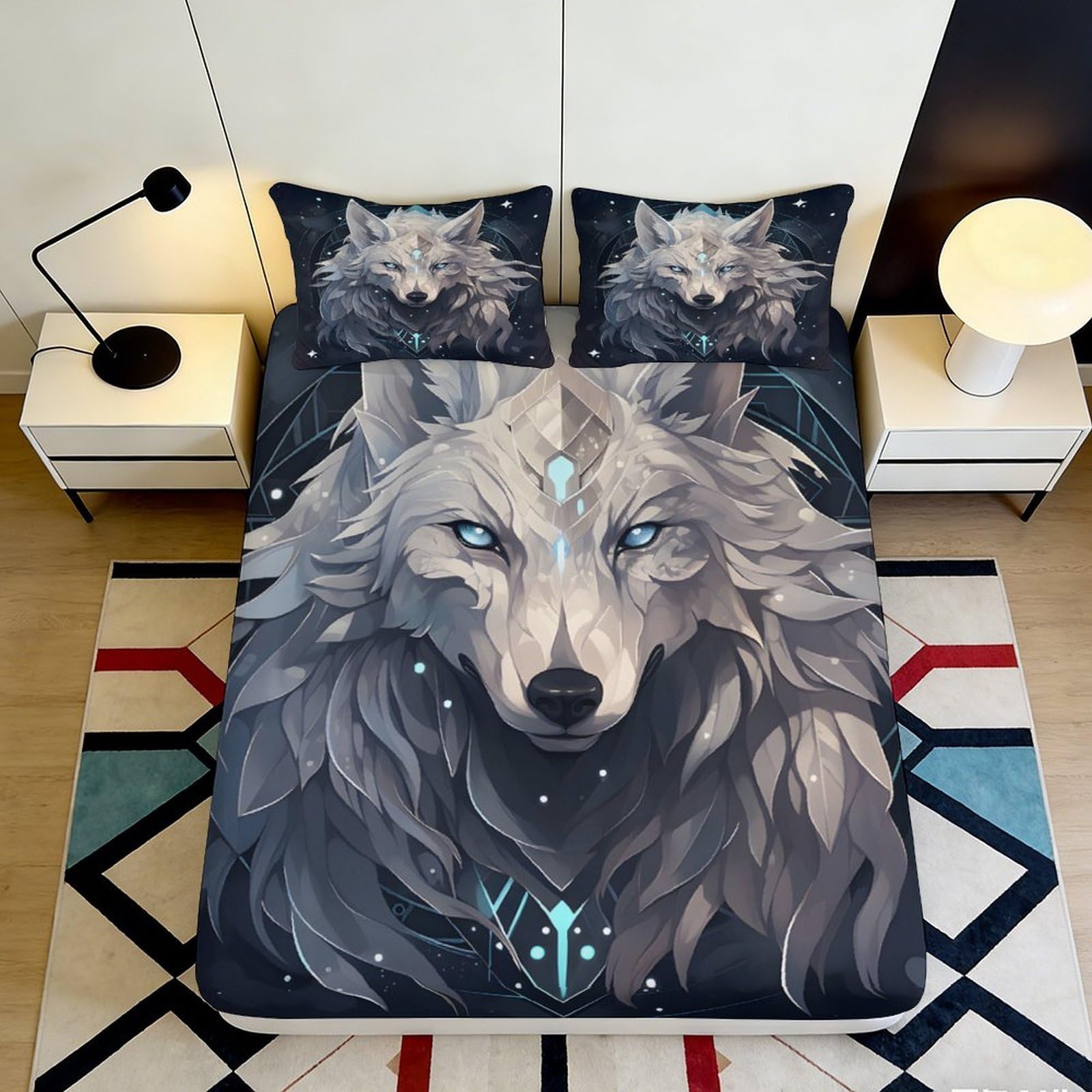3D Printed Wolf Art Fitted Sheet Microfiber Soft Breathable Blue Eyes Forest Mattress Cover for Bedroom Dorm Mattress Protection Decor 90x200x25cm