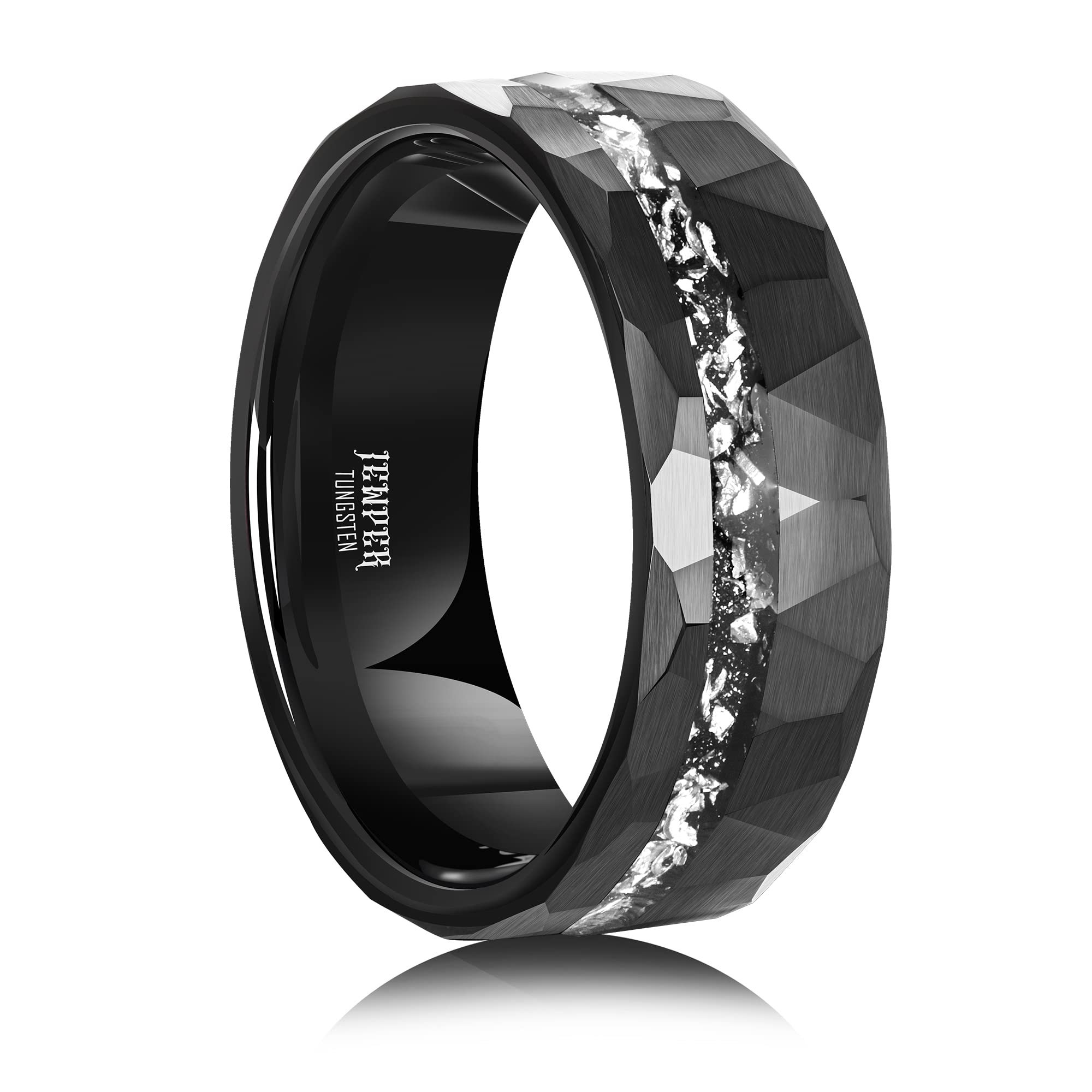 JEWPER Tungsten Rings for Men Womens 8mm Black Fashion Promise Wedding Band Hammered Groove Meteorite Orbo Carbide Beveled Polished Edge Comfort Fit