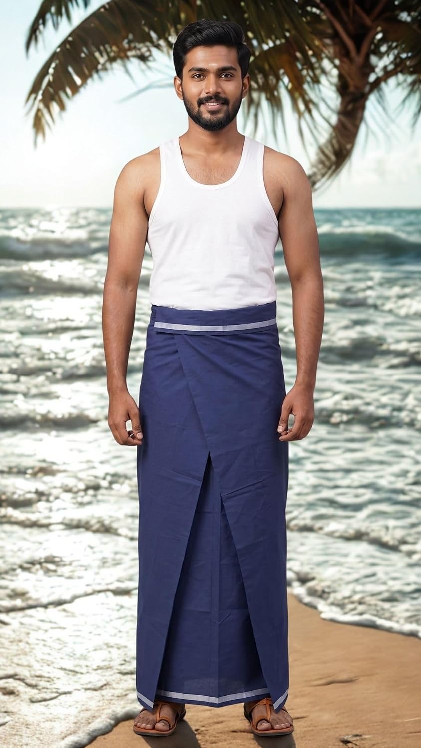 Men's Cotton Lungi Sarong Mundu Dhoti Kaili India Ethnic Dress Solid Colors Pre Stitched Ready to Wear