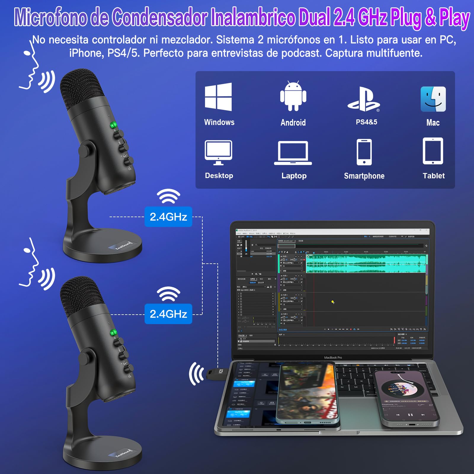 Kit de micrófono de podcast USB inalámbrico 2 en 1 zealsound para PC/iPhone, micrófono de condensador con cancelación de ruido Plug & Play para grabación de juegos en solitario/dual Stream ASMR TikTok