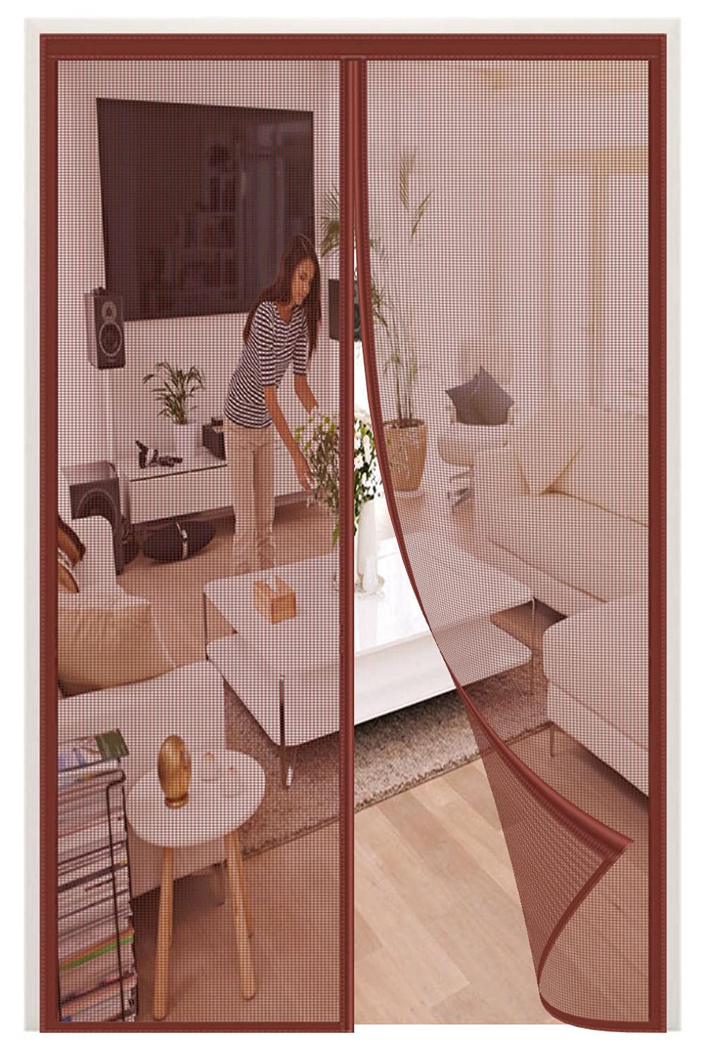 Bbmmcll Brown Magnetic Fly Screen Door,85X210cm (33.46X82.67in) Polyester Anti Mosquito Mesh Insect Protection Top-To-Bottom Seal Snaps Shuts Automatically，Keep Insects Out,Easy To Install