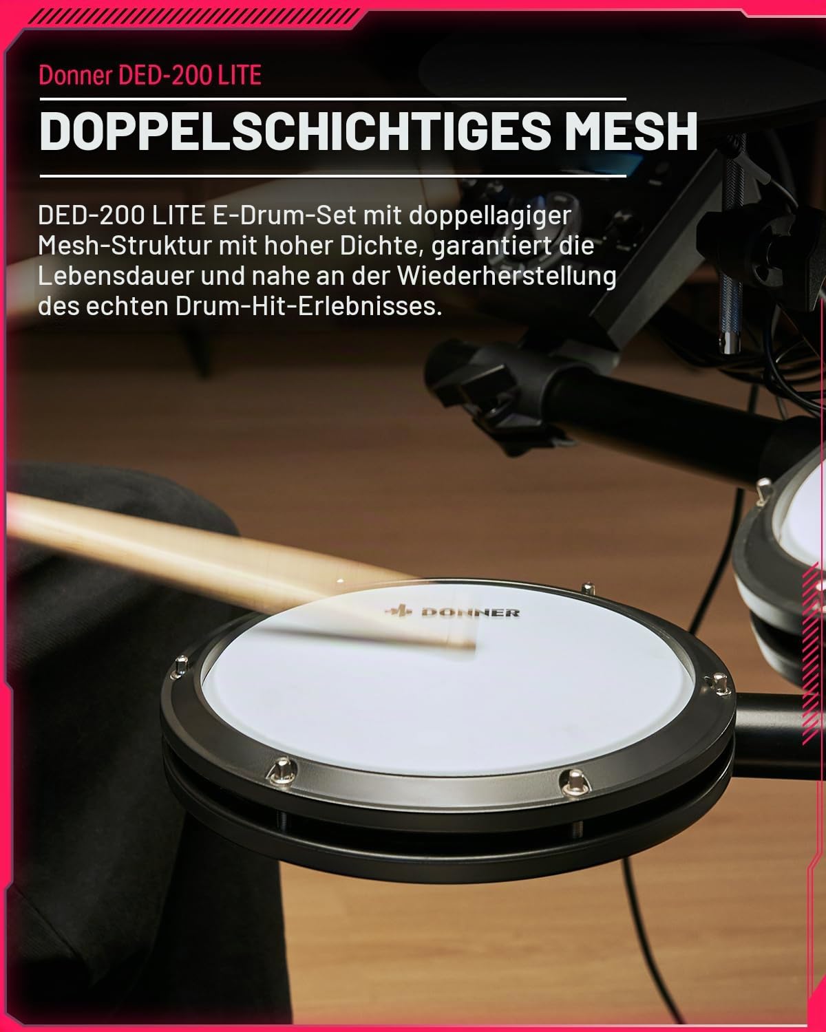Donner Elektronisches Schlagzeug, DED-200LITE E Drum Set für Anfänger mit 450+ Sounds, USB MIDI, leisen Mesh-Fellen, Thron, Kopfhörern, Sticks und 40 Melodics-Lektionen