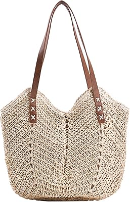ZNMDOK Women Straw Tote Bag Summer Beach Bags Large Woven Fishing Net Shoulder Bag Straw Bag (Round, Beige)