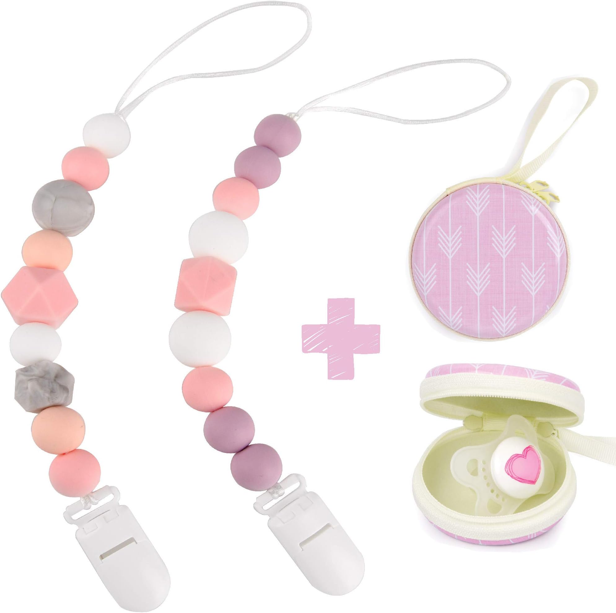 Dodo Babies Silicone Bead Pacifier Clips & Case - Two Universal Holder Loops Fit Most Binkies and Teethers - Convenient Case for Extra Paci - Pink and Gray