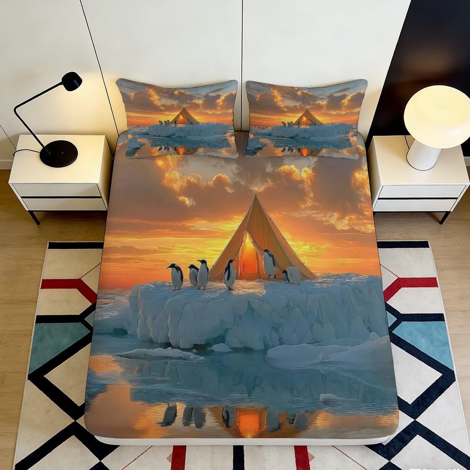 Jqzkxnhpbr Style-10 3D Printed Sunset Igloo Fitted Sheet Microfiber Soft Non Slip Penguin Mattress Cover For Bedroom Dorm Decor 90X200x25cm