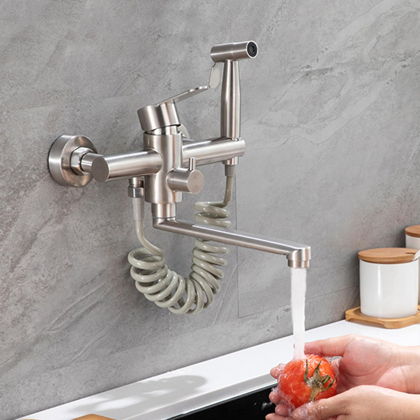 XJTNLB Grifos Cocina Fregadero Pared 23cm Grifo de Cocina Extraible Grifo Monomando Cocina Grifo Fregadero Pared,Negro