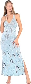 قميص نوم نسائي طويل، تصميم مطبوع بنقشة الطيور، بالالون الأزرق والسومو الفاتح، بحمالات دانتيل