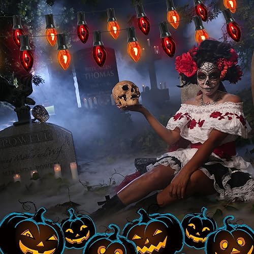 Miniatura 3 de Abeja Luces de Halloween naranjas y moradas, luces de patio al aire libre de 25 pies conectables, tira de luces de llama parpadeante para decoración