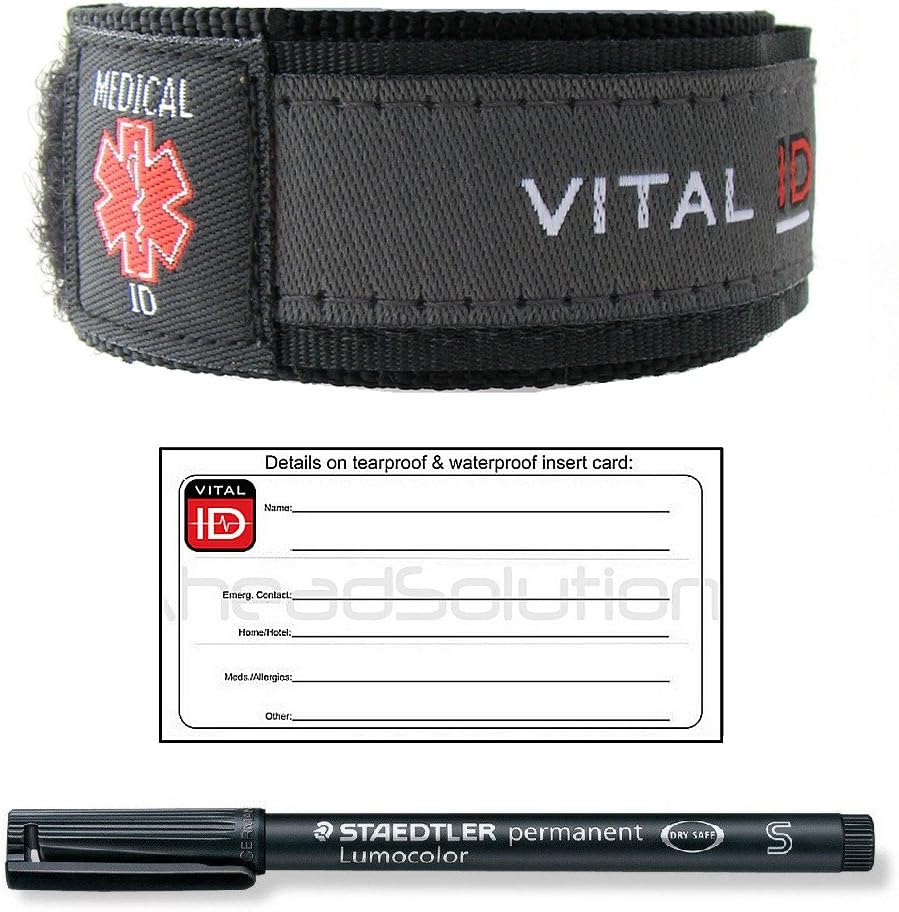 Medical ID Bracelet Grey Value Saver. Wristband, 6 Spare Inserts with Marker Pen. Adult and Child. Waterproof. Allergy. Asthma. Diabetes. Alzheimer. Dementia. Epilepsy. MS. Neurosis. Parkinsons.
