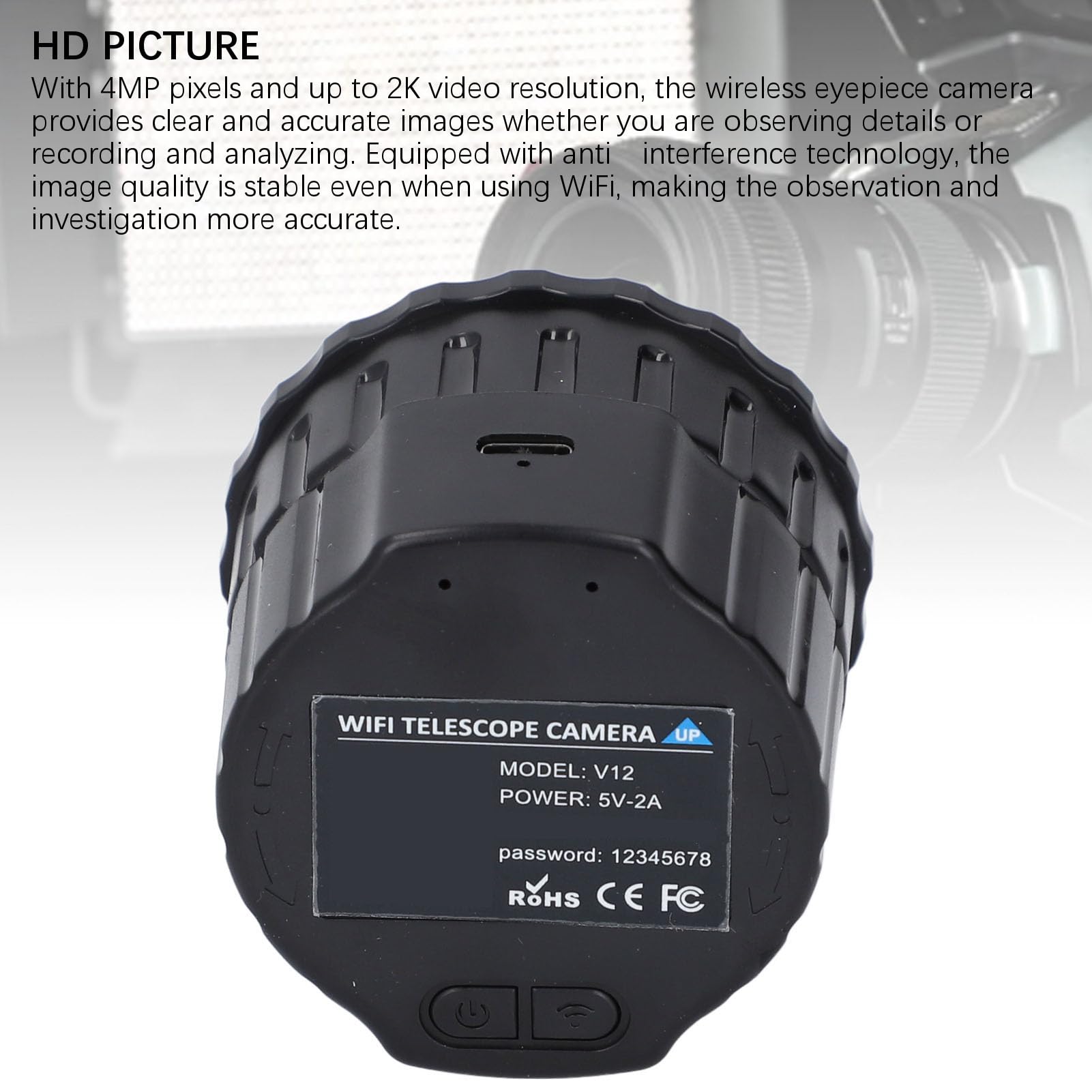 Caméra Oculaire de Télescope WiFi, Caméra Oculaire électronique 4MP, Enregistrement Vidéo 2K, pour Télescopes Optiques et Microscope de 25 Mm à 50 Mm
