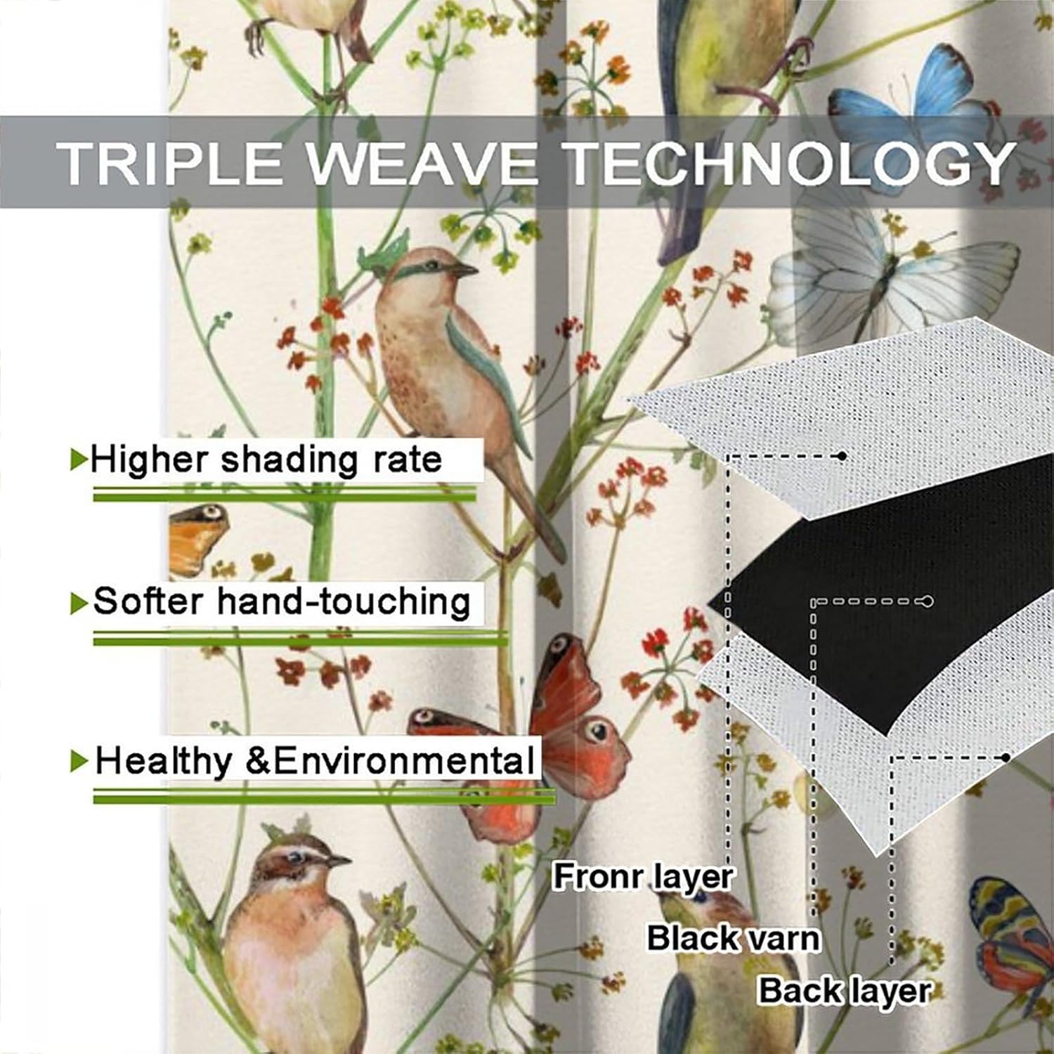 Floral Plant Curtain Animal Bird Watercolor Butterfly Branch Beige Printed Curtain Decor Curtain Living Room Bedroom Blackout Privacy Noise Reduction Curtain 52x84 Inches 2 Panels
