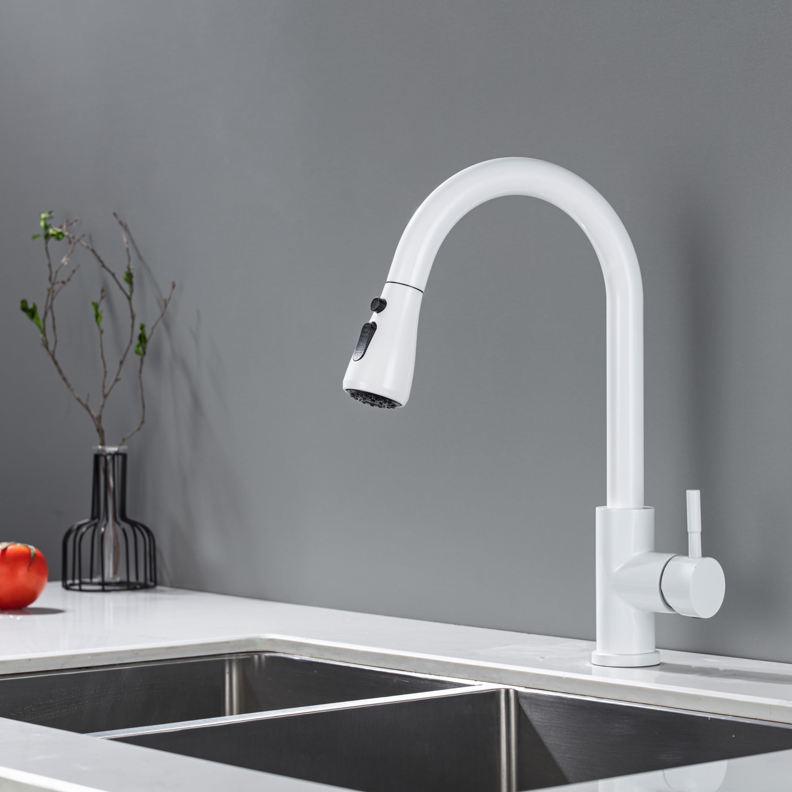 Grifo de cocina, extraíble, blanco, con ducha, giratorio de 360 ​​°, mezclador, cromado, de fregadero de una sola palanca
