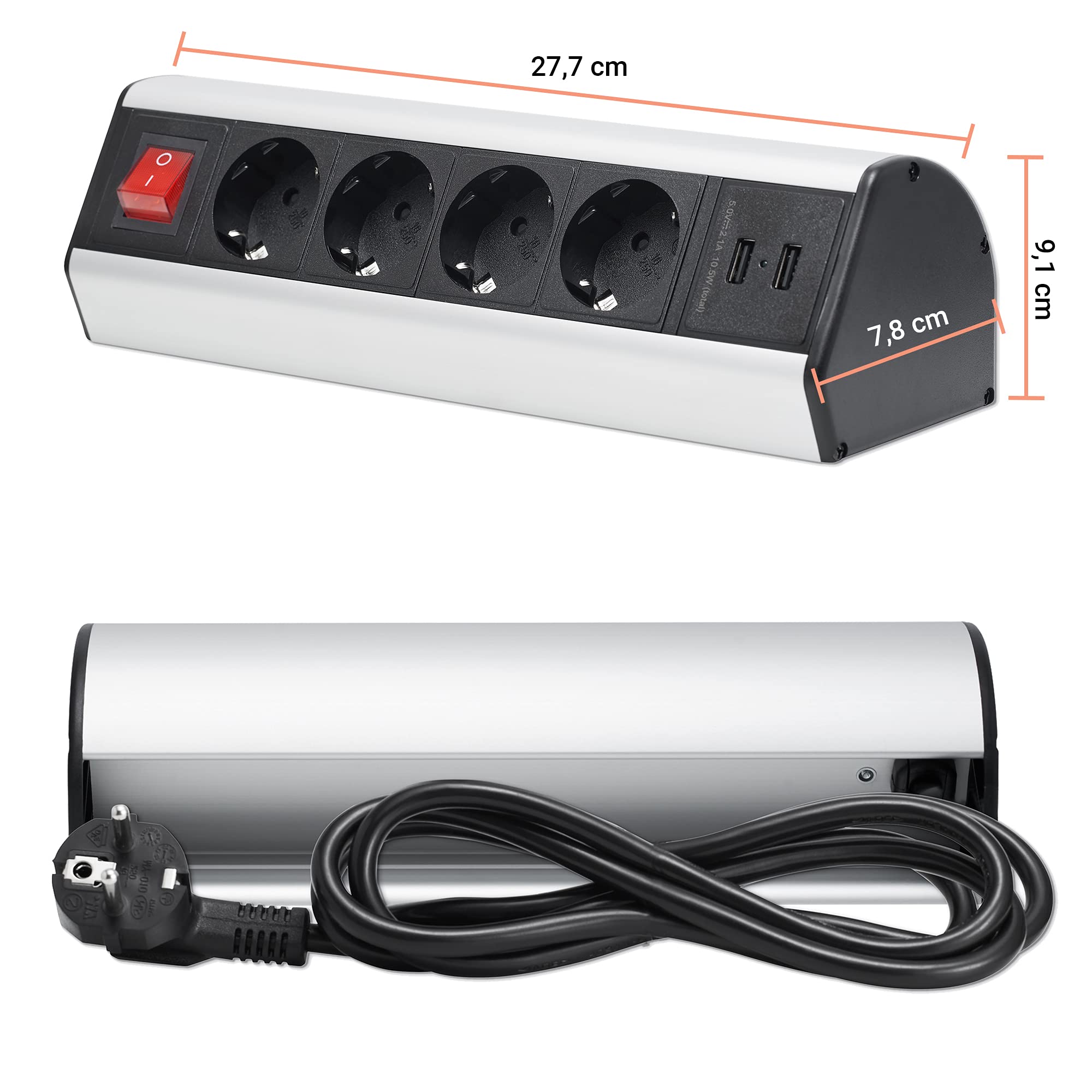 Mehrfach-Steckdose 4-fach & 2x USB mit 2M Kabel - Möbel- Steckdosenleiste schaltbar als Tischsteckdose und Steckdosenverteiler - Steckerleiste für Küche & Büro mit einfacher Montage Schreibtisch