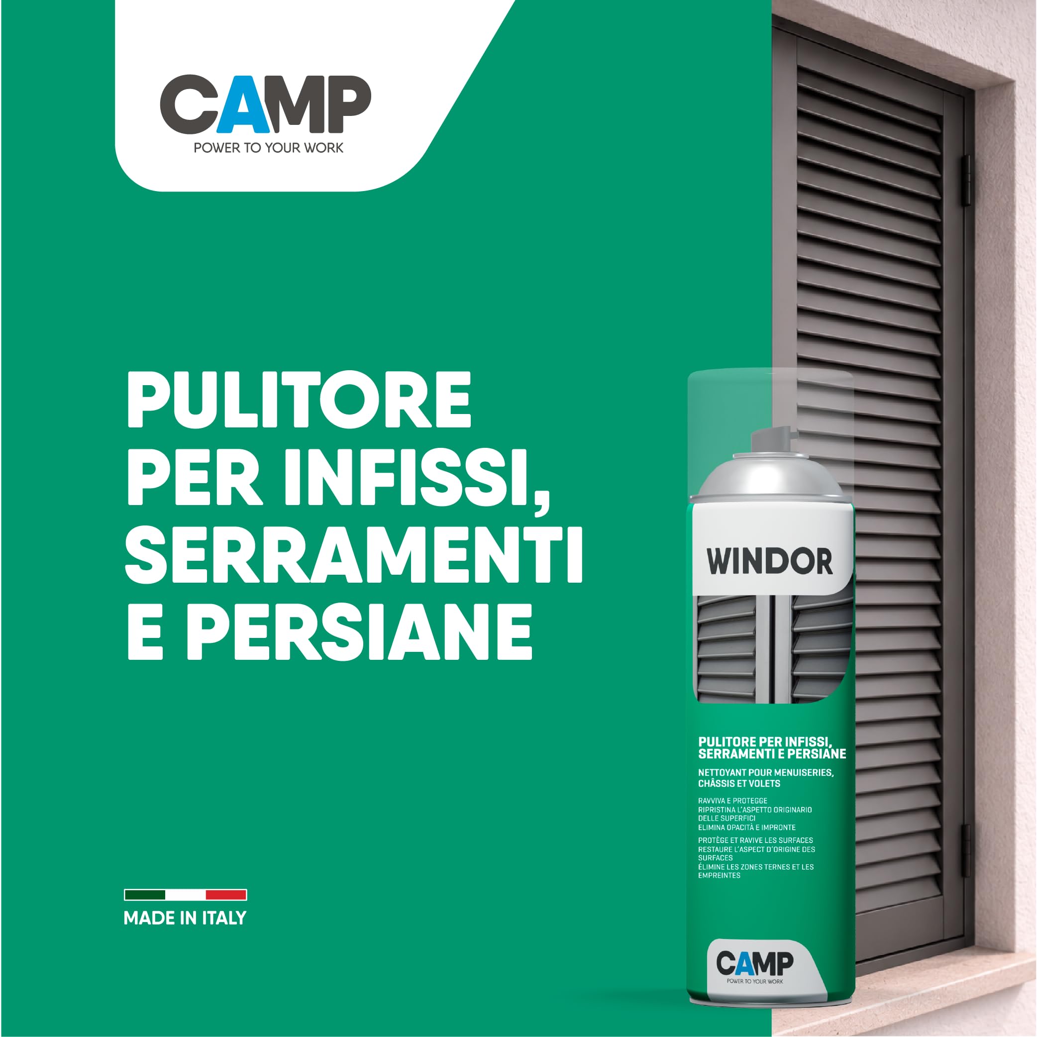 CAMP Windor Spray - Pulitore Ravvivante Protettivo, Pulisci Persiane, Finestre, Infissi e Serramenti in PVC - Ideale per Lucidare e Ravvivare le Superfici - Non Lascia Residui, Made in Italy, 500 ml