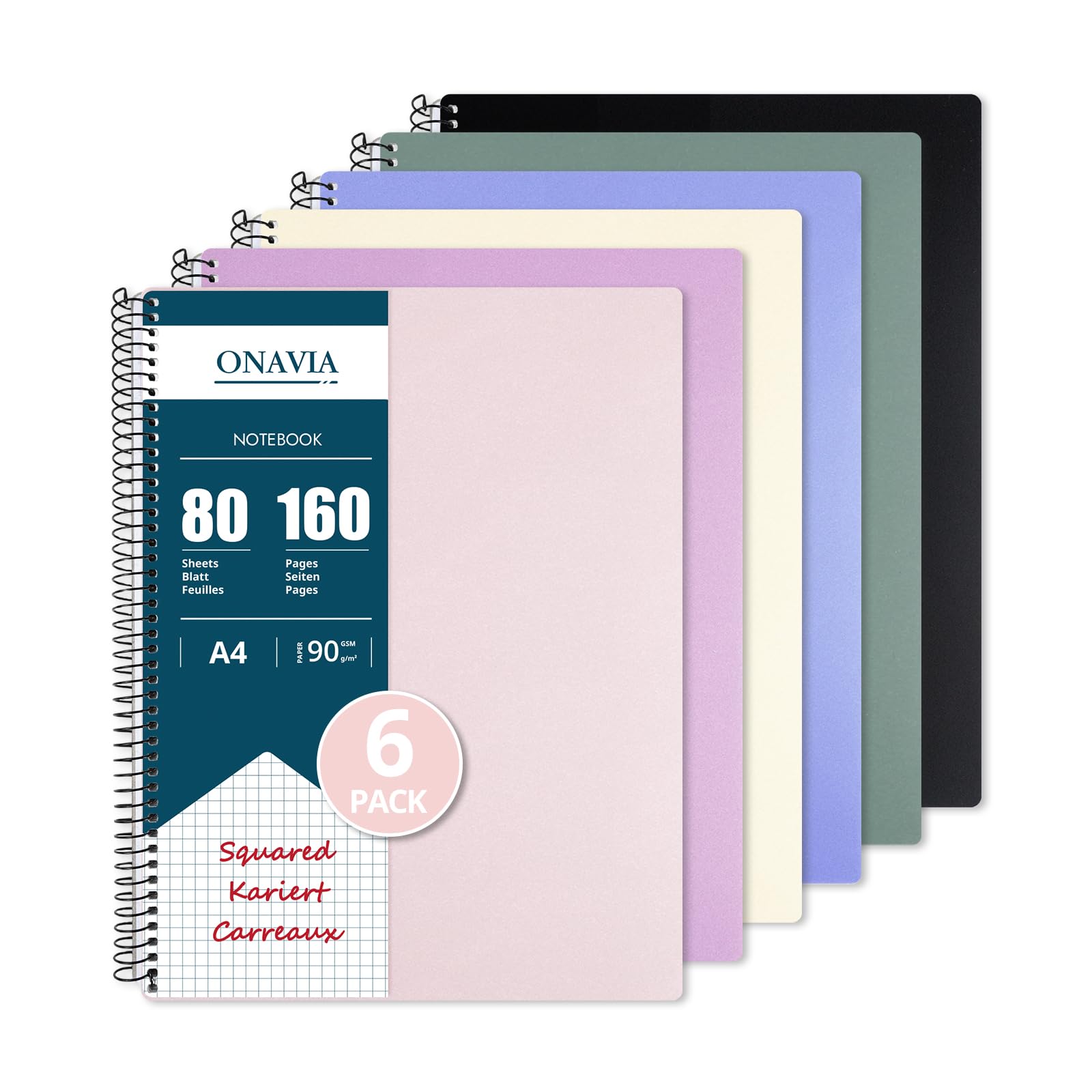 ONAVIA A4 Squared Notebook 6 Pack, 80 Sheets, 90GSM Spiral Notepad, Pastel