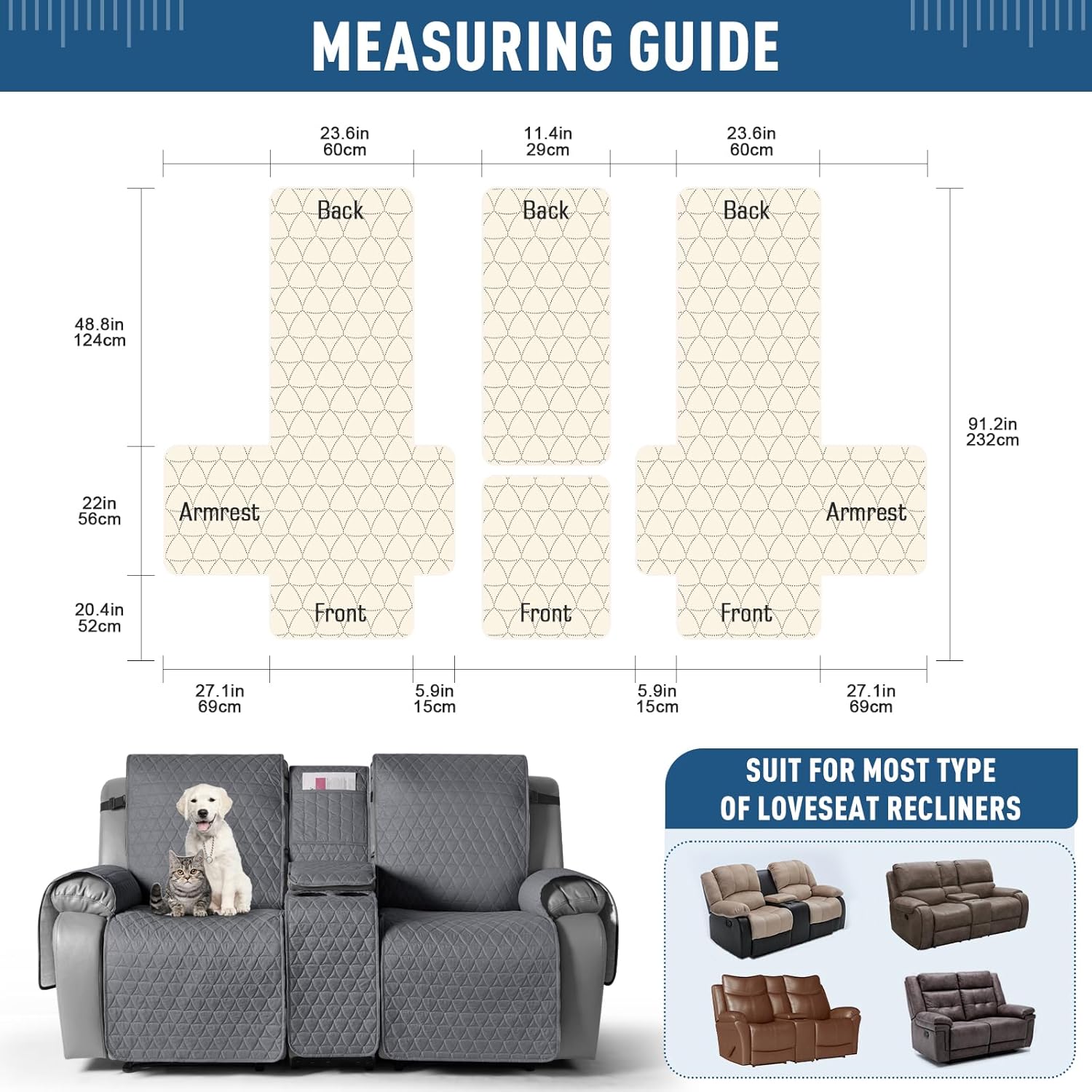 TAOCOCO 100% Waterproof Loveseat Recliner Cover with Center Console, 2-Seater Couch Slipcover with Elastic Straps, Non-Slip Furniture Protector for Dogs (Dark Gray, 2 Seater)