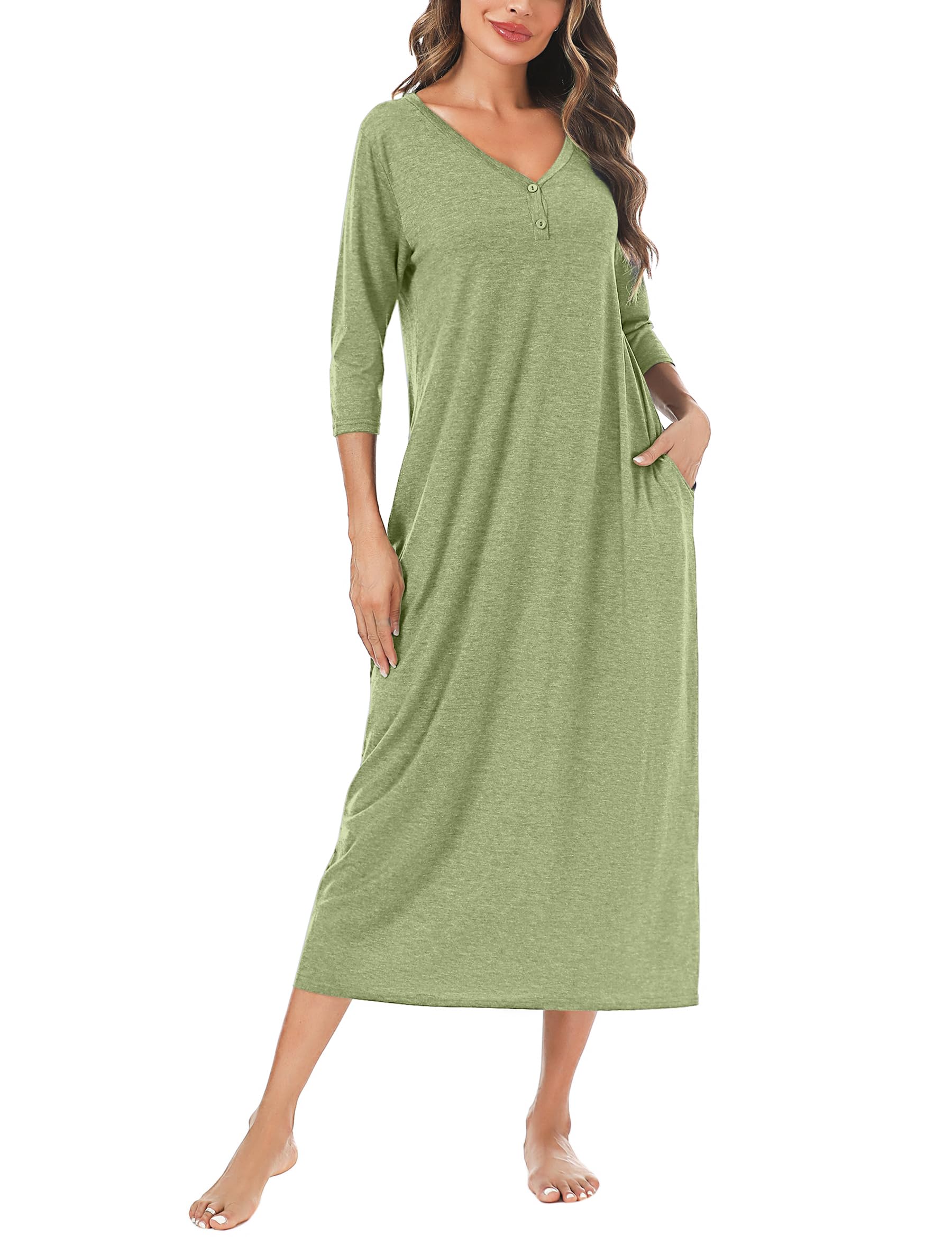 Leversic Camisón Largo de Mujer Camisón de Mujer Algodón de Manga 3/4 Camisón Suave con Cuello de Pico Bata Holgada de Mujer con Bolsillos
