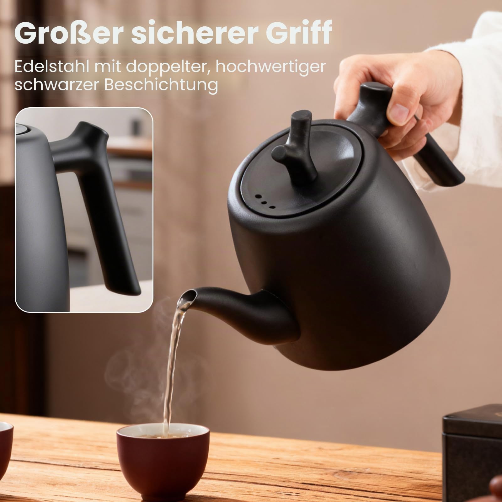 Teekanne Schwarz, 2L Große Tee Kanne mit Teesieb,Teapot Thermo 10-12 Tassen Doppelwandig Tea Maker aus Edelstahl für Losen Tee Ingwer & Kräutermischungen