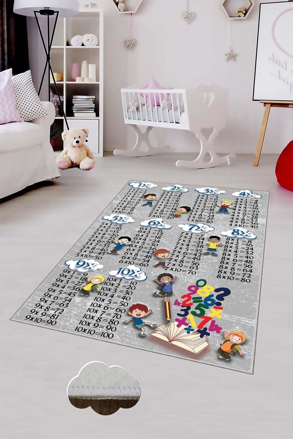 Pelangi Gri Çarpım Taplosu Eğitici Yıkanabilir Kaymaz Taban Leke Tutmazbebek Ve Çocuk Odası Halısı, Koyu Gri 130 x 180