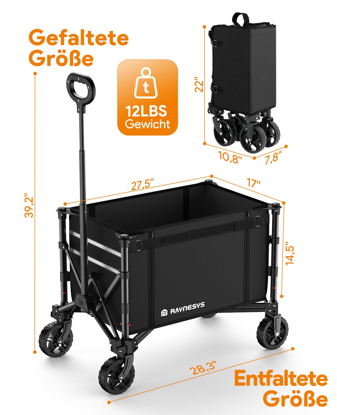 3 in 1 Bollerwagen Faltbar 120L, Klappbar Handwagen mit Rädern, 220lbs Transportwagen Faltbar, Umbaubar in Eine Bank, Einkaufstrolley Klappbar Allzweckwagen für Sport Camping Garten Strand,Tiefschwarz