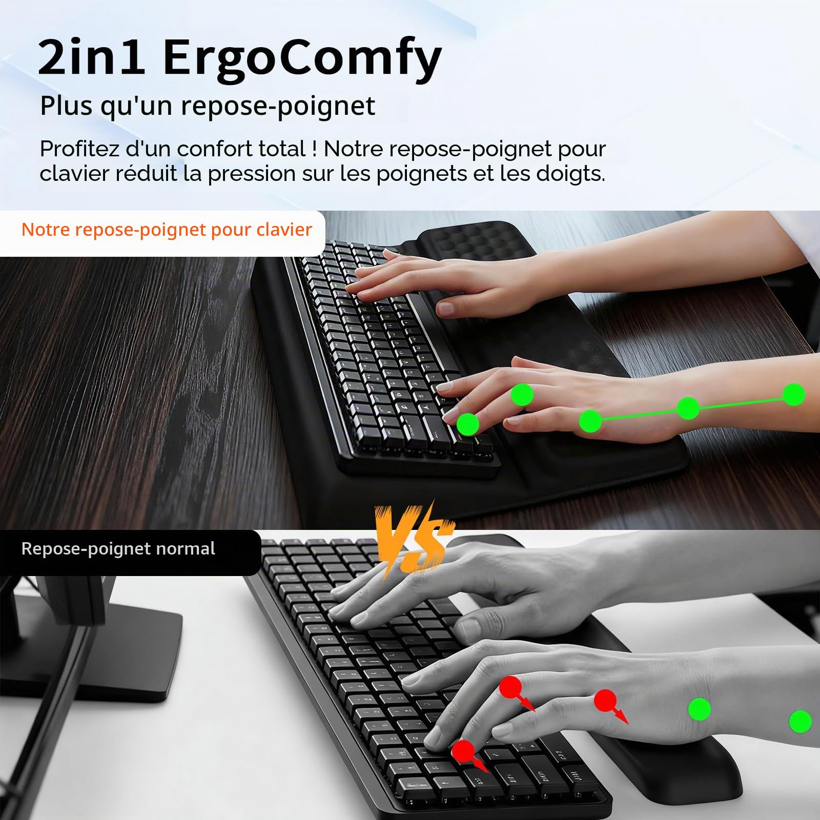 Fentar 2-en-1 Repose Poignet Clavier Ergonomique, Reposes-Poignets avec Fonction Socle, 43 cm Confortable Support Clavier, Mémoire de Mousse Douce, Accessoires Bureau Travail Maison et Jeu (Noir)