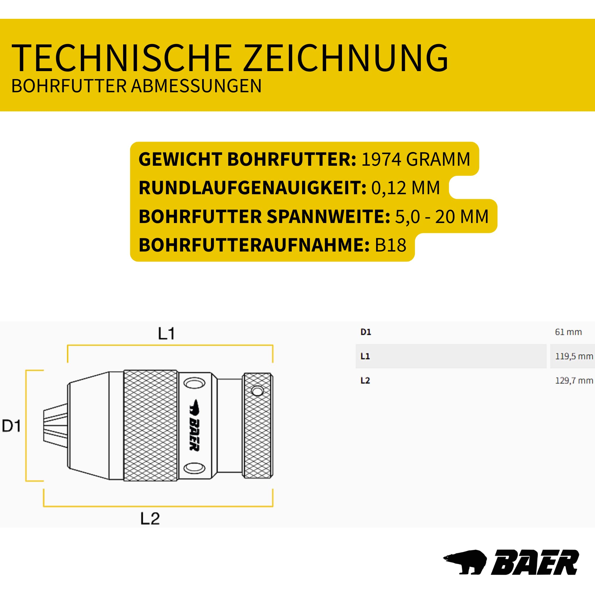 BaerCoil BAER Bohrfutter mit Kegeldornaufnahme 5,0-20,0 mm, Kegel B 18 - Präzisionsbohrfutter - Bohrmaschine - Schnellspannbohrfutter