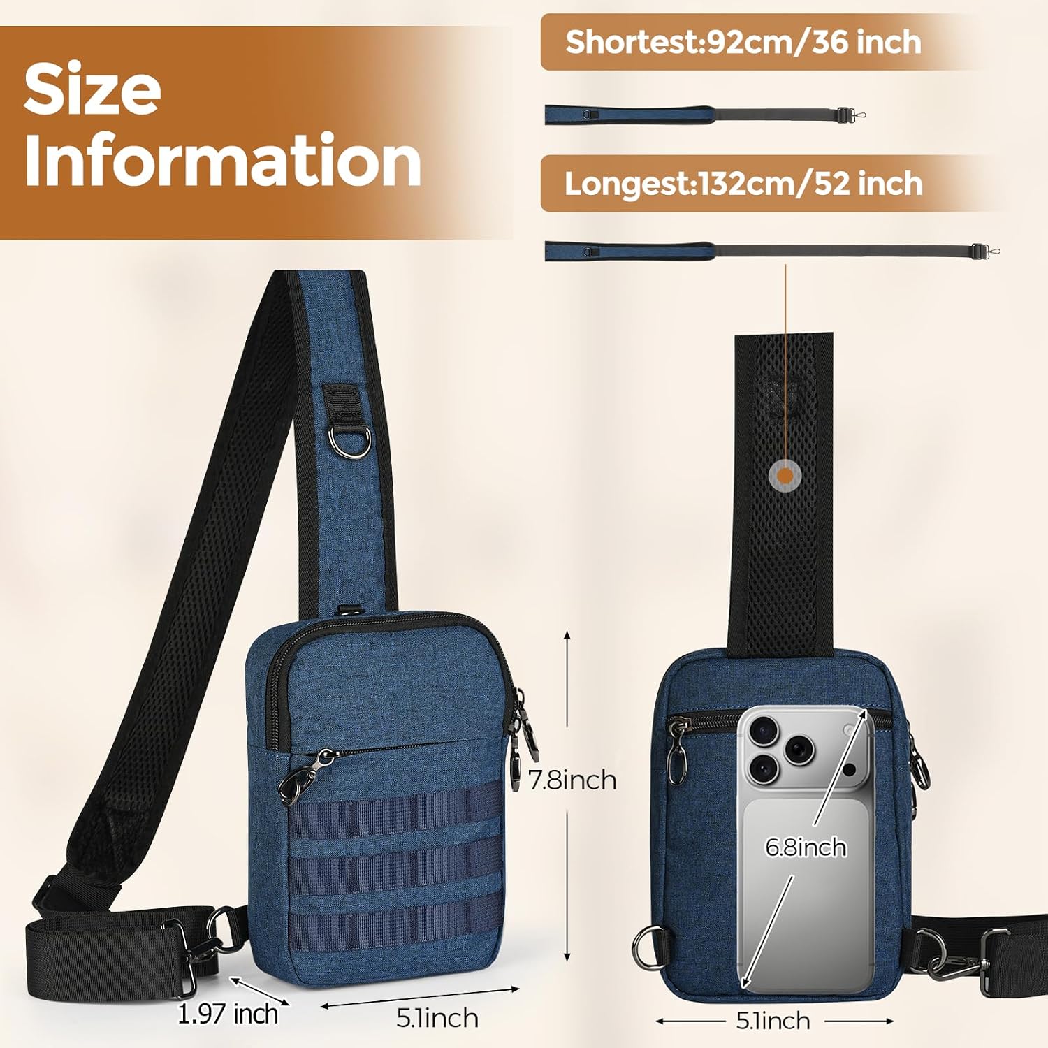 VADOO Sling Bag for Men, Tactical Crossbody Bag with Zipper Lock, RFID and Molle System for Travel Work Outdoor(Blue) image 4
