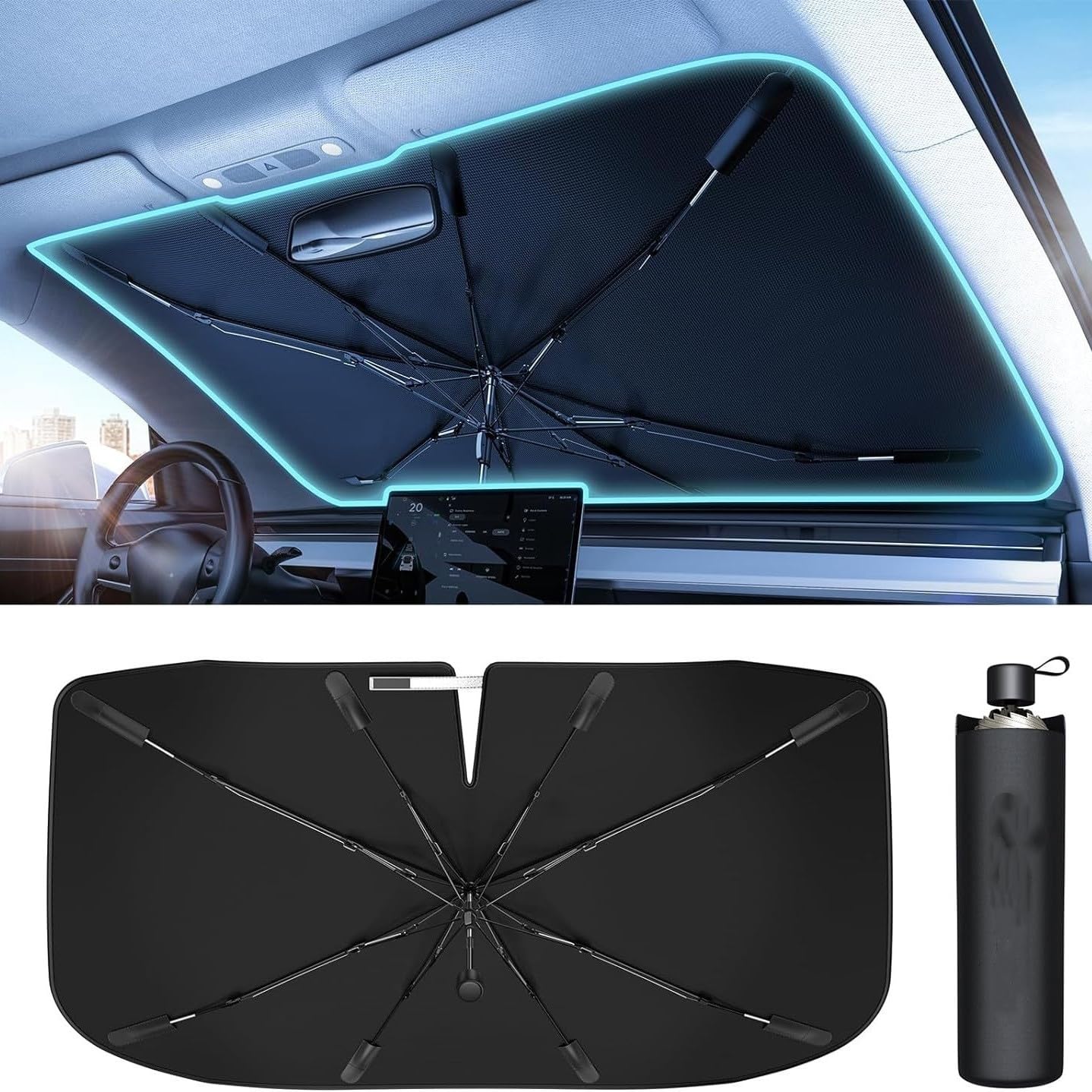 Auto Sonnenschutz Regenschirm für VW T6/T6.1/ T6 California, Faltbarer Windschutzscheibe Sonnenschutz UV-Schutz Reflektor mit Flexiblem Biegbarem Griff,L