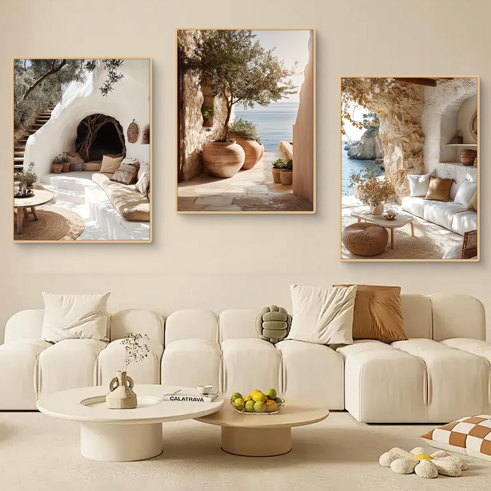 TROYSINC Lot de 3 affiches d'architecture méditerranéenne, vues esthétiques des îles grecques, maisons en pierre au bord de la mer, tableaux paysagers pour salon, décoration murale pour salon, sans