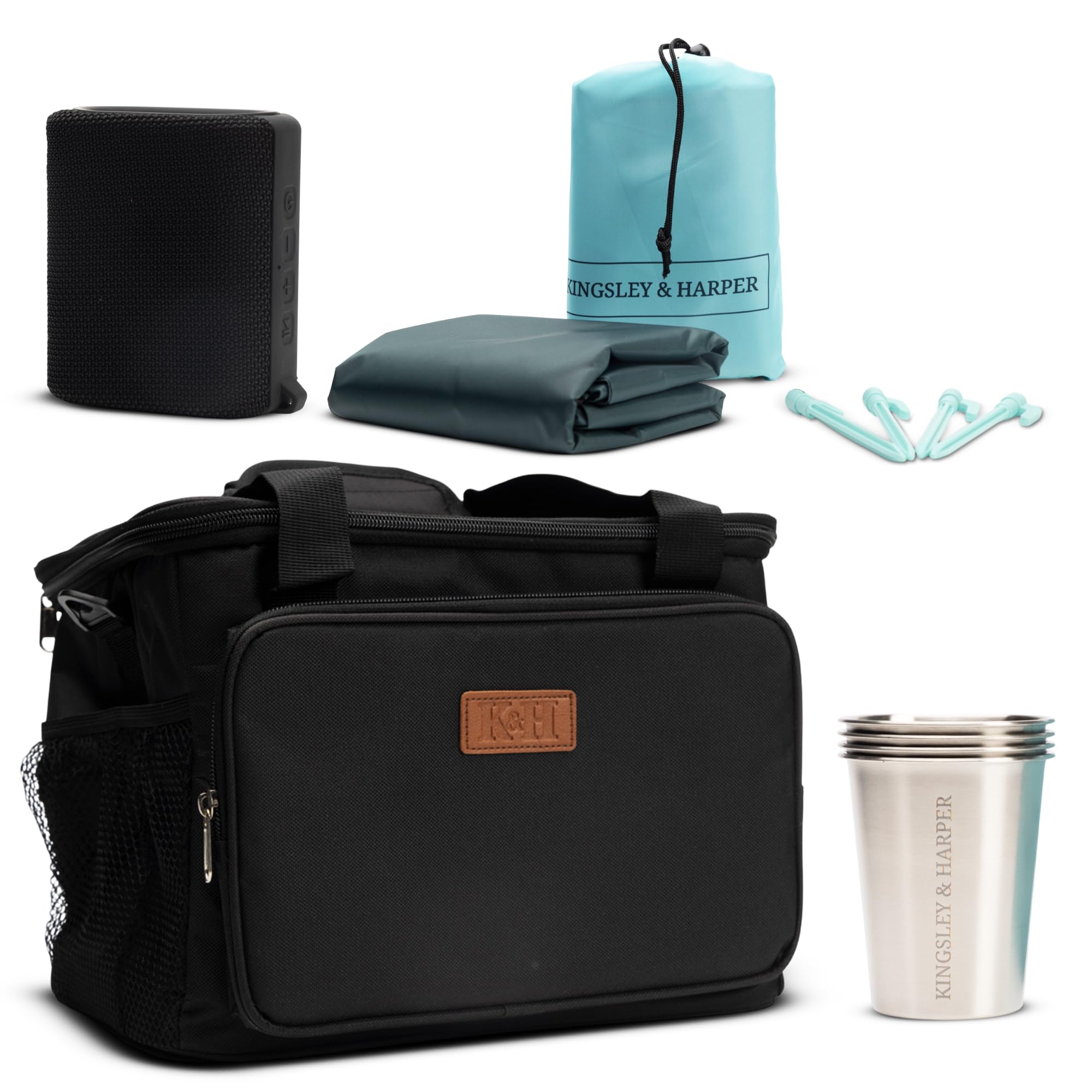 Kingsley & Harper Picnic & Beach Set | with Insulated Cool Bag, Waterproof Mat, Bluetooth Speaker & Tumblers | Summer Essentials for Camping & BBQs | Gift for Couples & Families