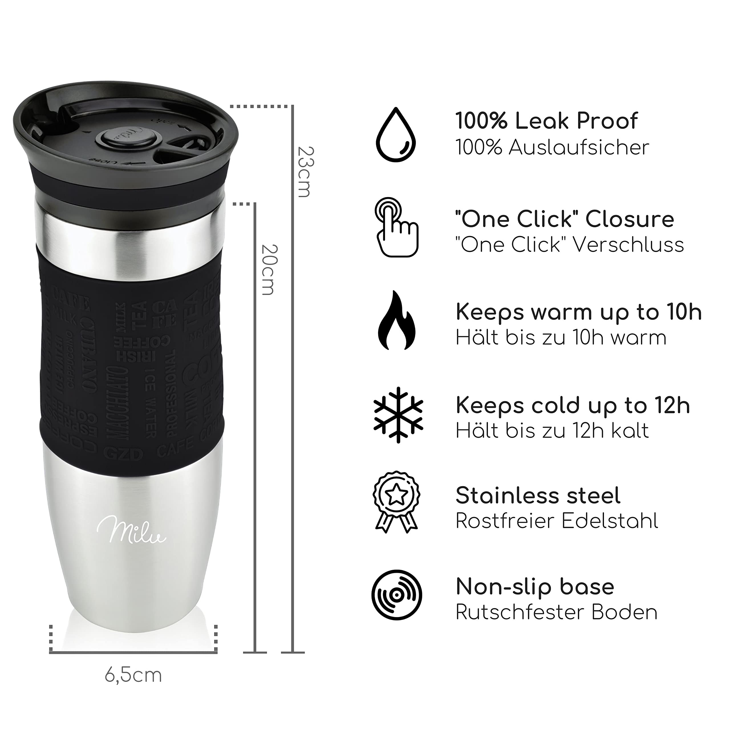 Milu Travel Mug 370ml 450ml, Insulated Coffee Cup to go, 100% Leak Proof, Stainless Steel Drinking Mug - Image 3