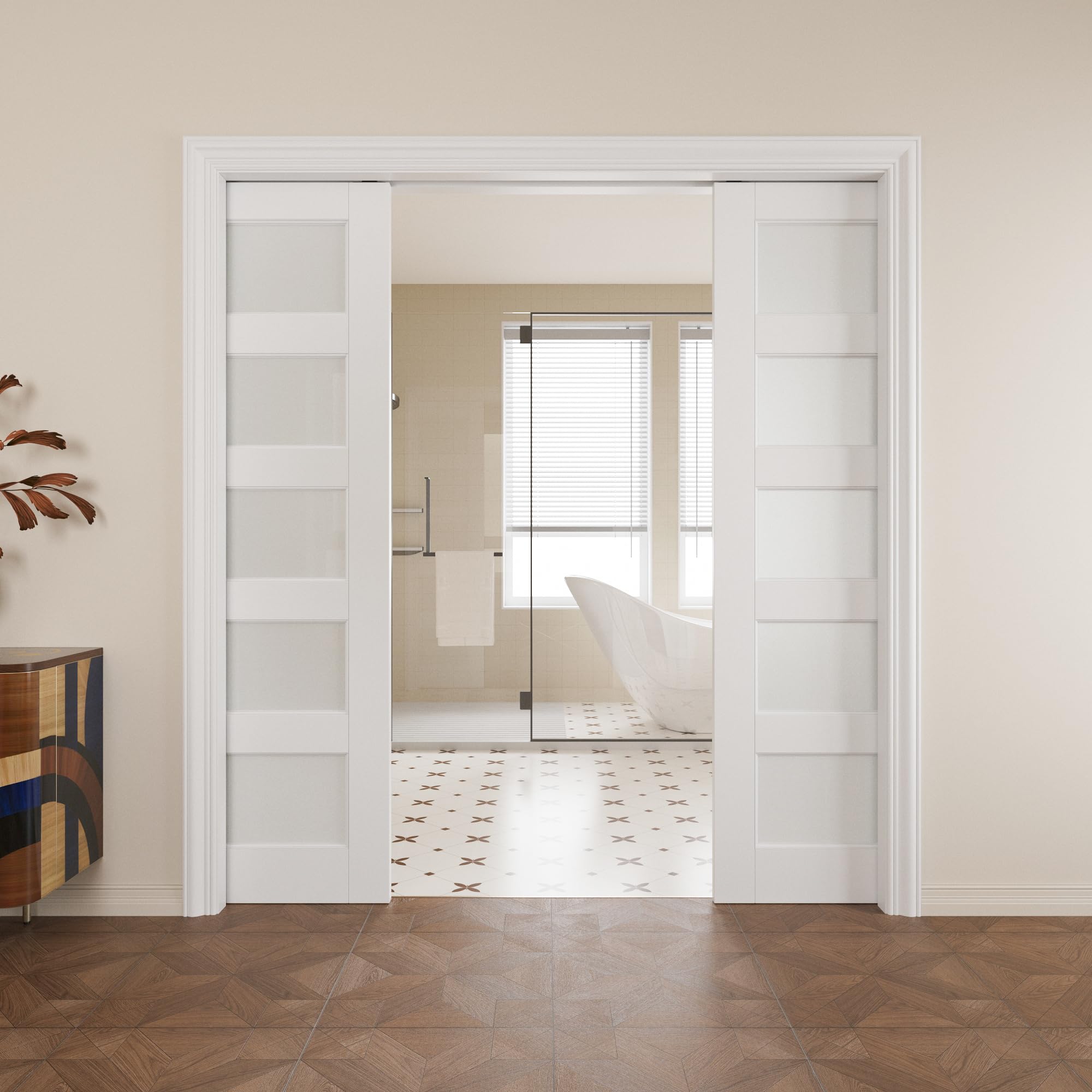 Pocket Door,5-Lite Frosted Glass Doors,Solid Door,64 x 80 Door